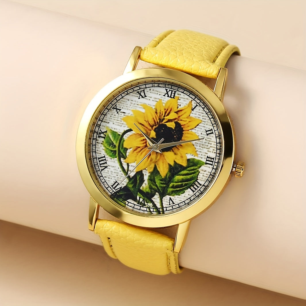 6pcs/set Sunflower Glamour Quartz Watch & Rhinestone Jewelry Set - Stylish Analog PU Leather Wristwatch for Casual Wear, Ideal Gifts for Women and Moms