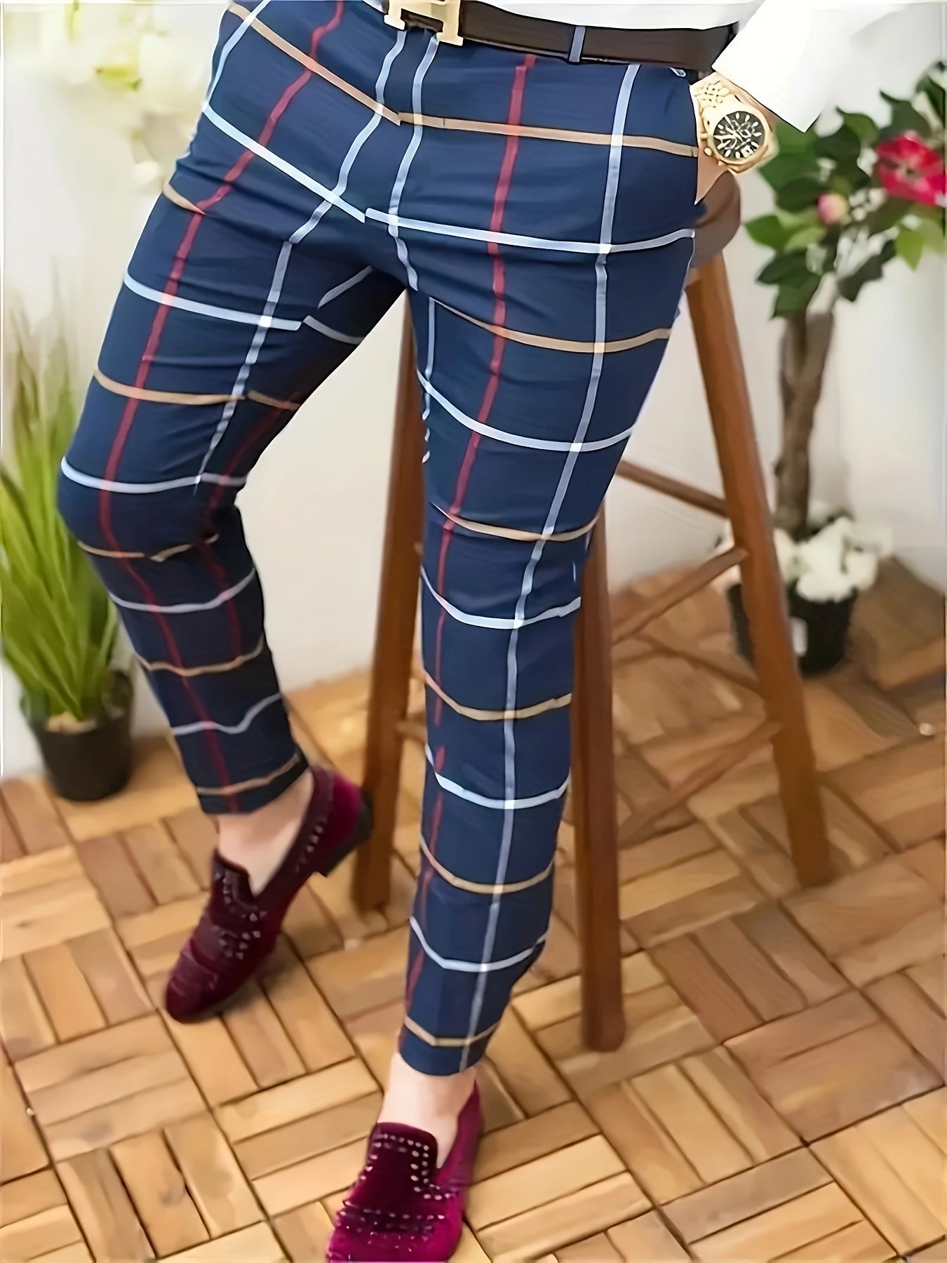 Men's Classic Fashion, Plaid Pattern Slim Fit & Cuffed Pants, Elegant Casual Trousers For Business, Party & Daily Wear