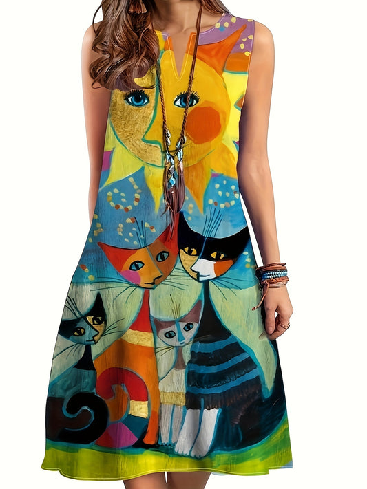 Grahpic Print Notch Neck Dress, Casual Sleeveless Tank Dress For Spring & Summer, Women's Clothing