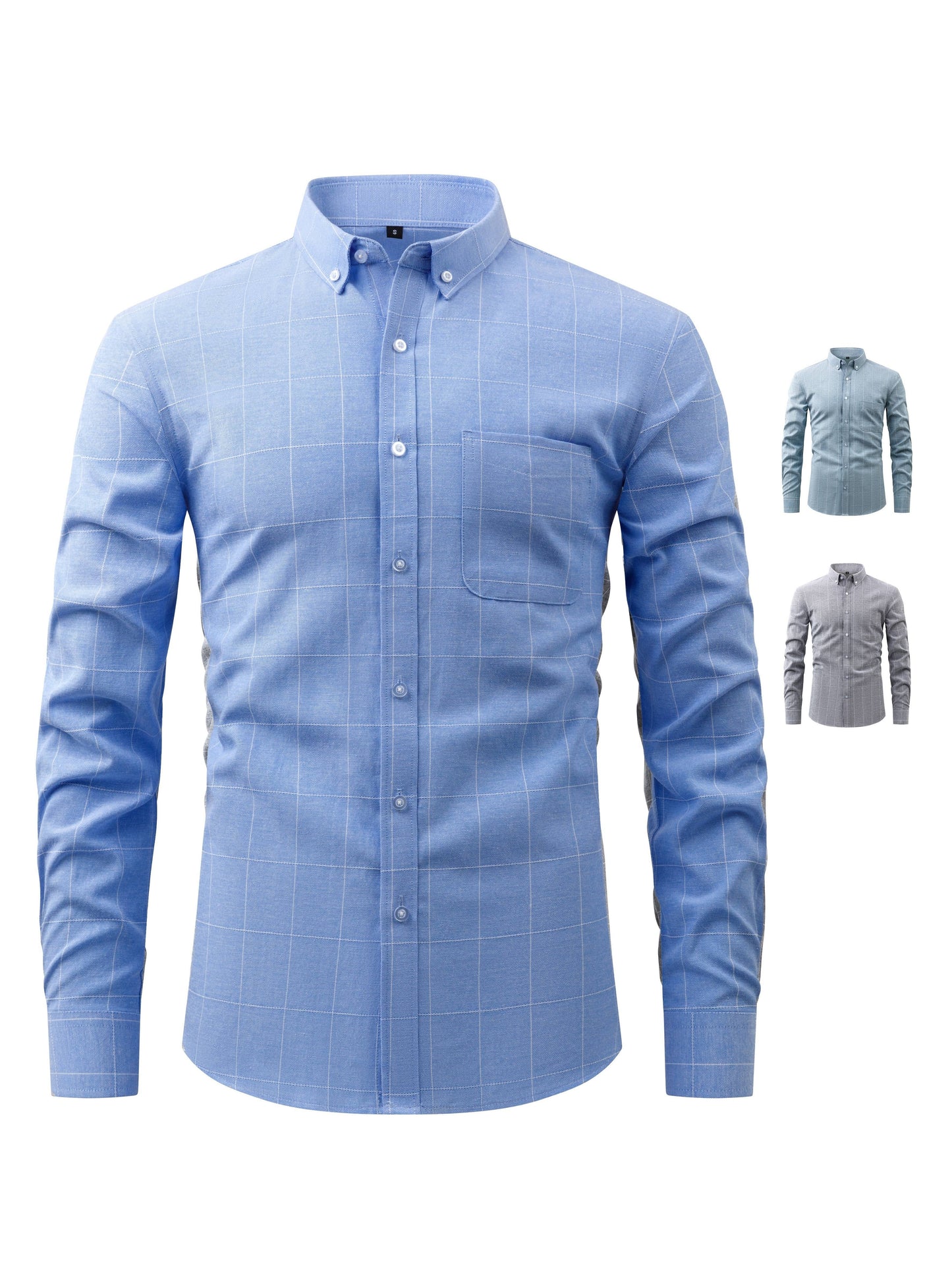 Men's Cotton Blend Grid Checked Long Sleeve Shirt For Spring And Fall, Casual Business Versatile Shirt Formal Wear