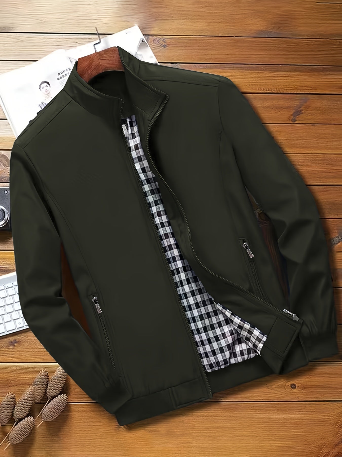 Men's Solid Jacket With Zipper Pockets, Casual Stand Collar Zip Up Long Sleeve Outwear For Spring Fall