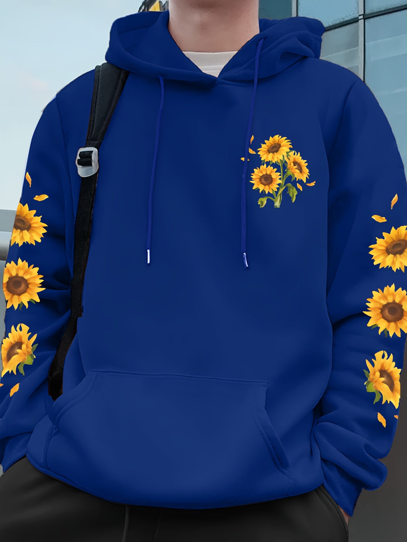 Sunflower Print Men's Pullover Round Neck Hoodies With Kangaroo Pocket Long Sleeve Hooded Sweatshirt Loose Casual Top For Autumn Winter Men's Clothing As Gifts