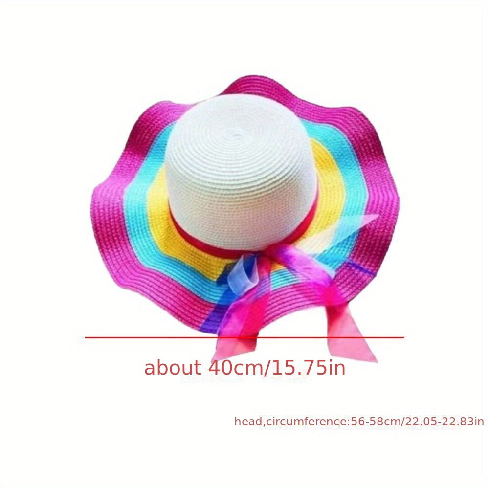 Candy Color Ribbon Bowknot Straw Hat Trendy Rainbow Striped Ruffle Sun Hats Foldable Travel Beach Hats For Women daily uses Summer Outdoor