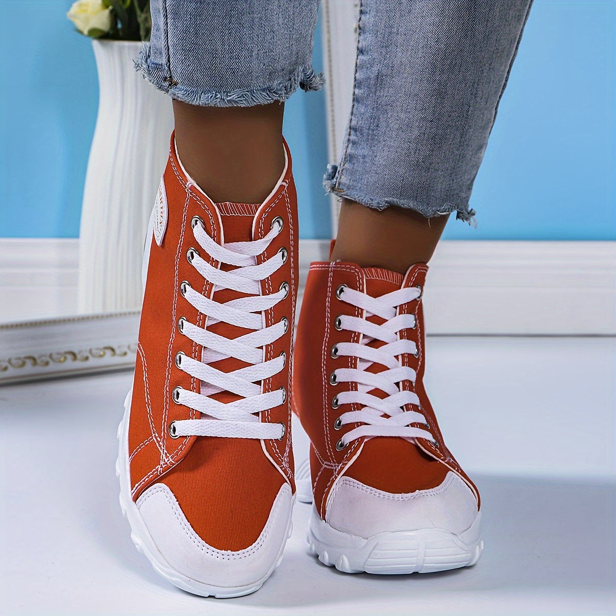 Women's Chunky Heel Canvas Shoes, Fashion Lace Up Outdoor Shoes, Comfortable Air Cushion Shoes