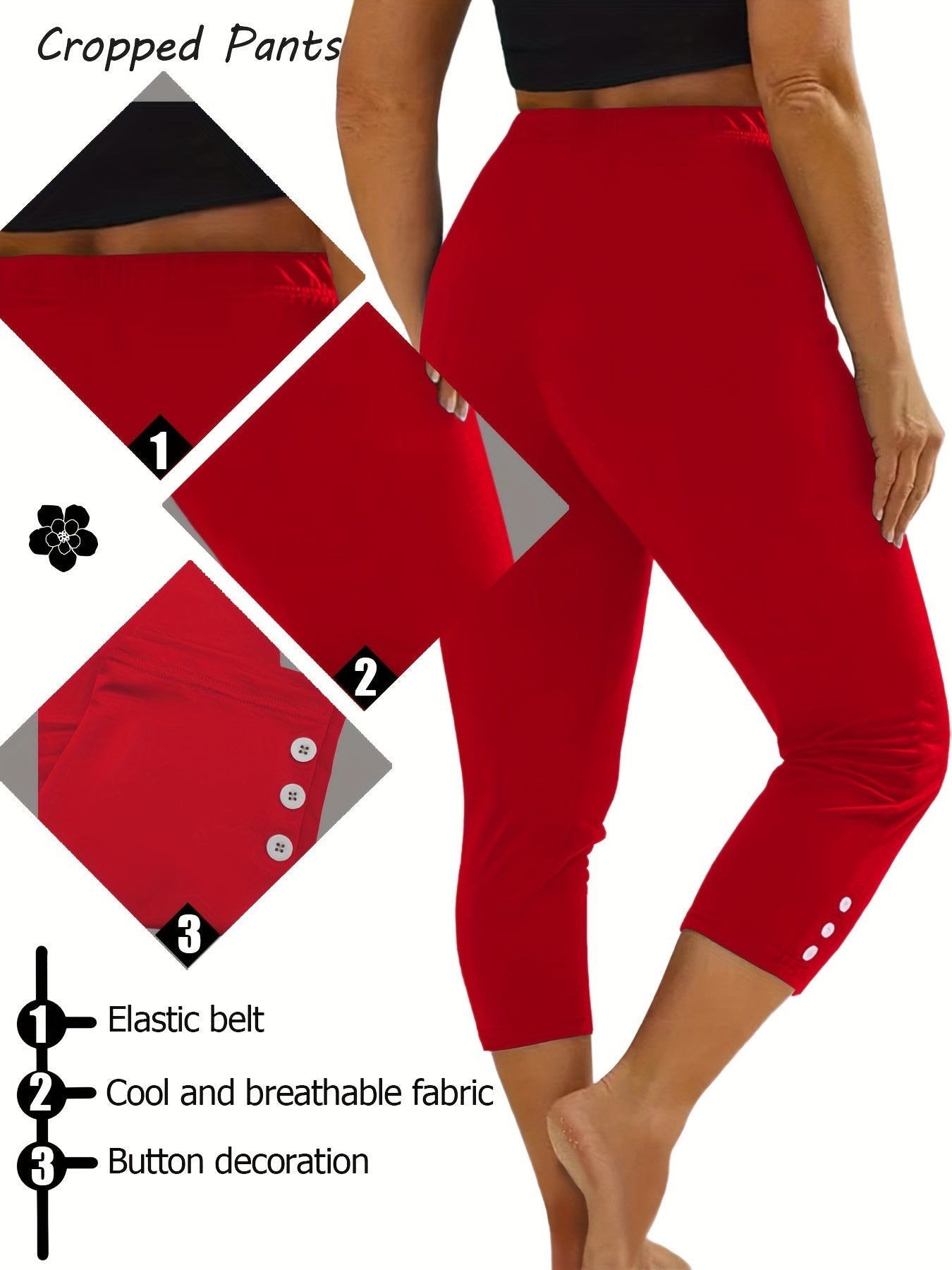 6-Pack Women's Fashion Sport Cropped Leggings, Casual Skinny Yoga Pants With Button Accents, Stretch Activewear, Multiple Colors