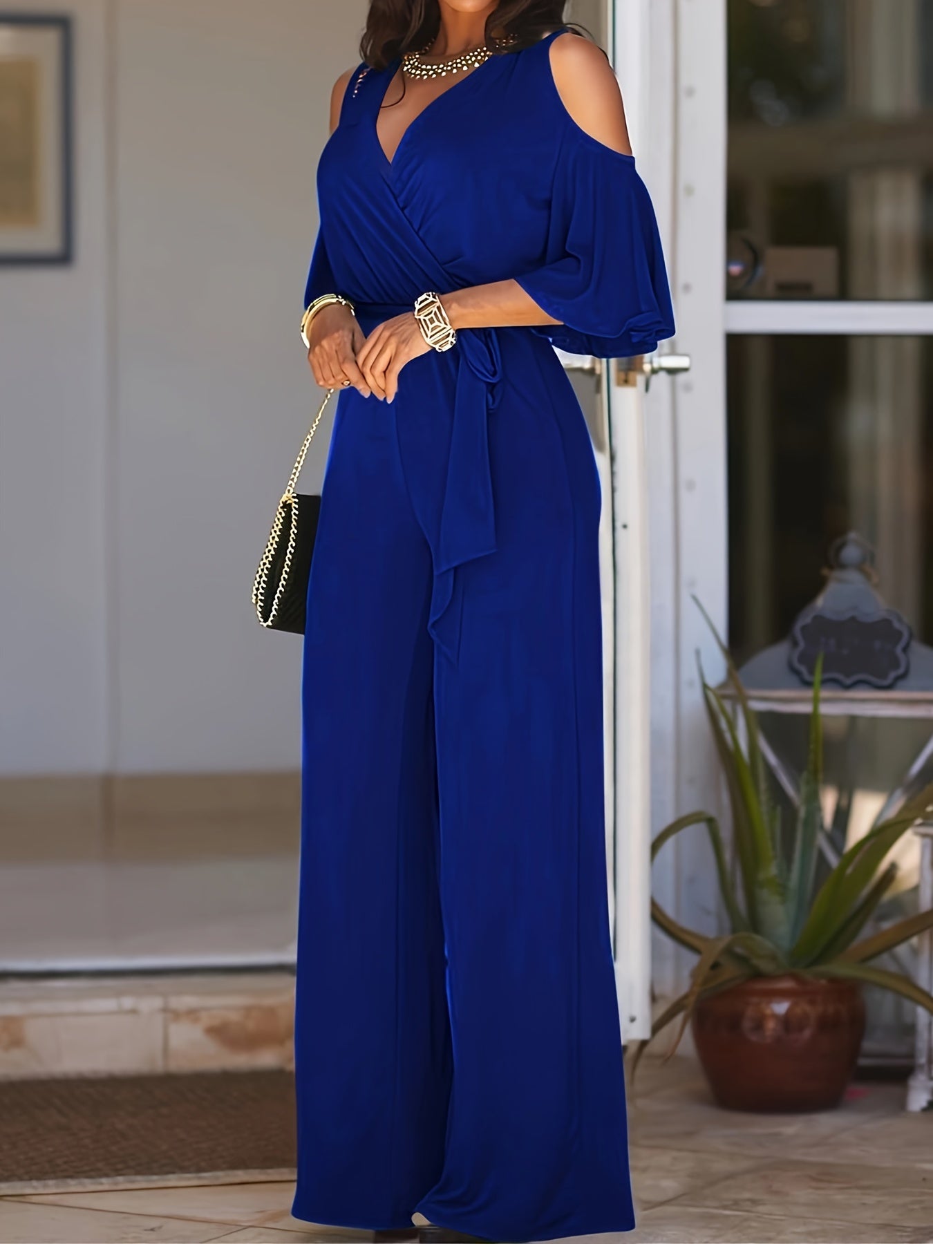 Solid Cold Shoulder V-neck Jumpsuit, Elegant Half Sleeve Jumpsuit For Spring & Summer, Women's Clothing