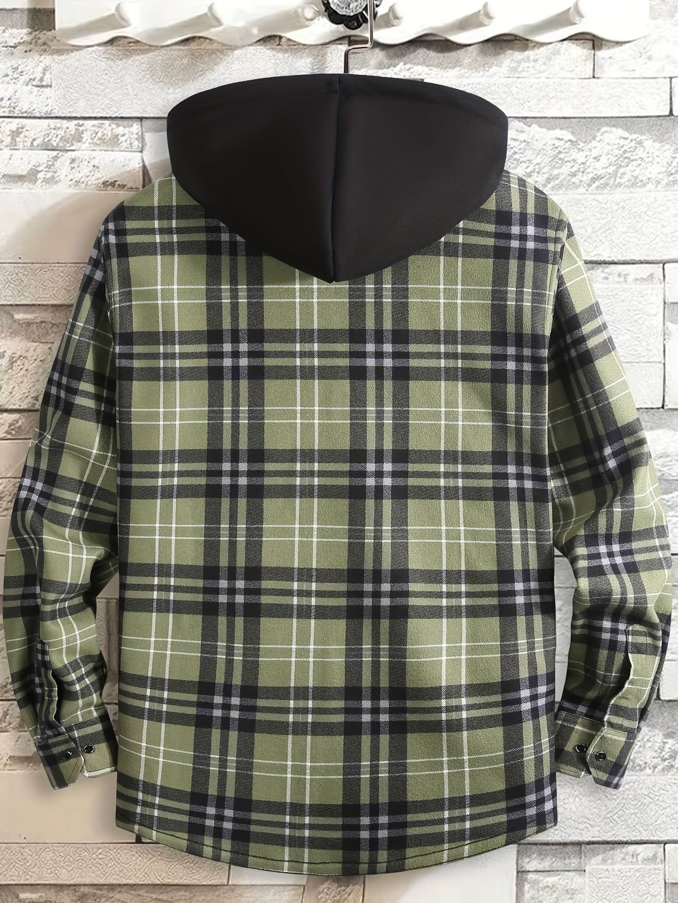 Men's Plaid Hooded Long Sleeve Shirt with Pockets, 100% Polyester Woven Fabric, Adult Basic Winter Warm-Up Top with Hood, No Bra, Elastic Fit, Regular Fit