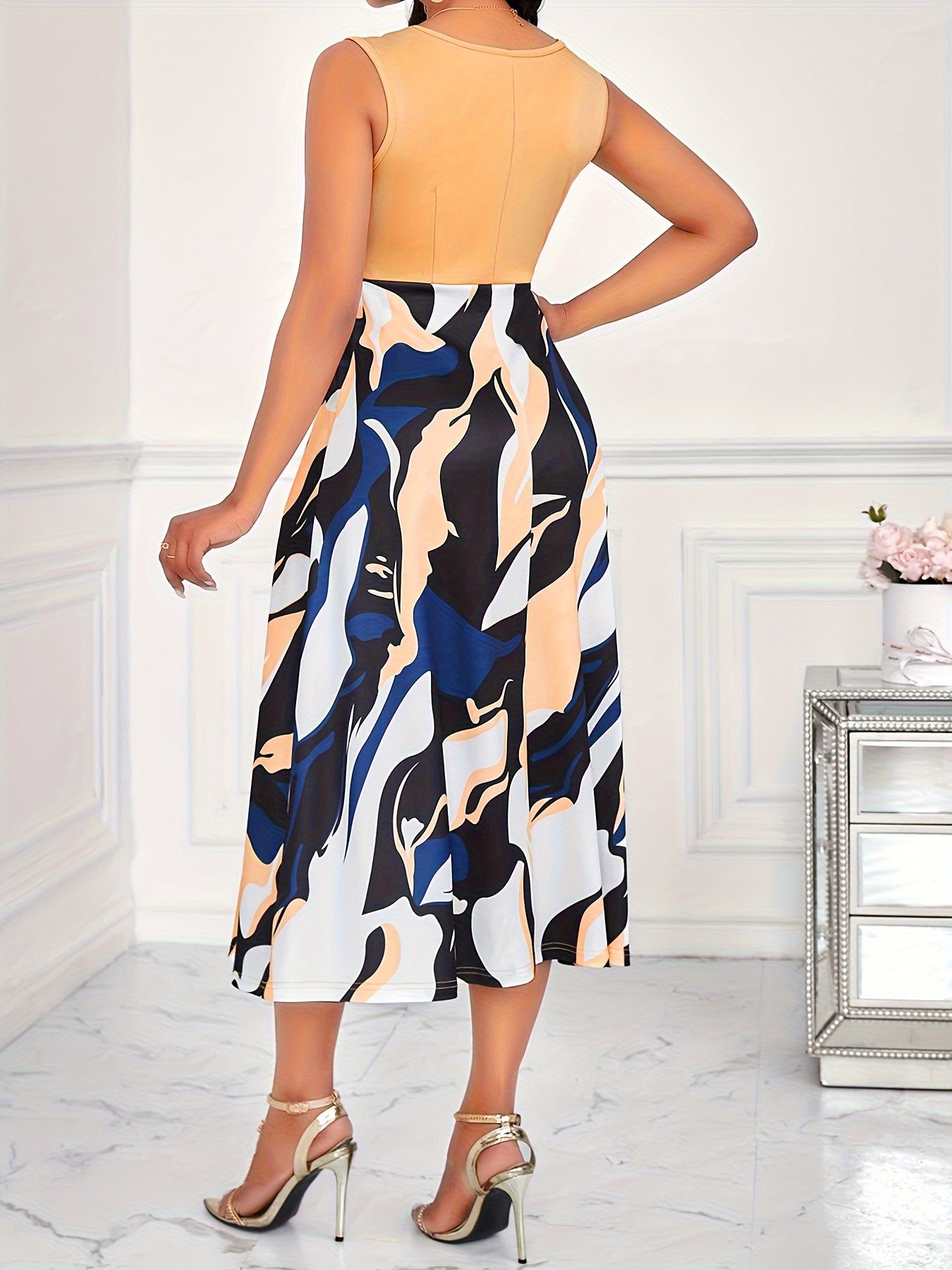 Elegant Two Piece Set, Contrast Trim Slim Half Sleeve Outwear & Abstract Print Slim Color Block Tank Dress, Women's Clothing