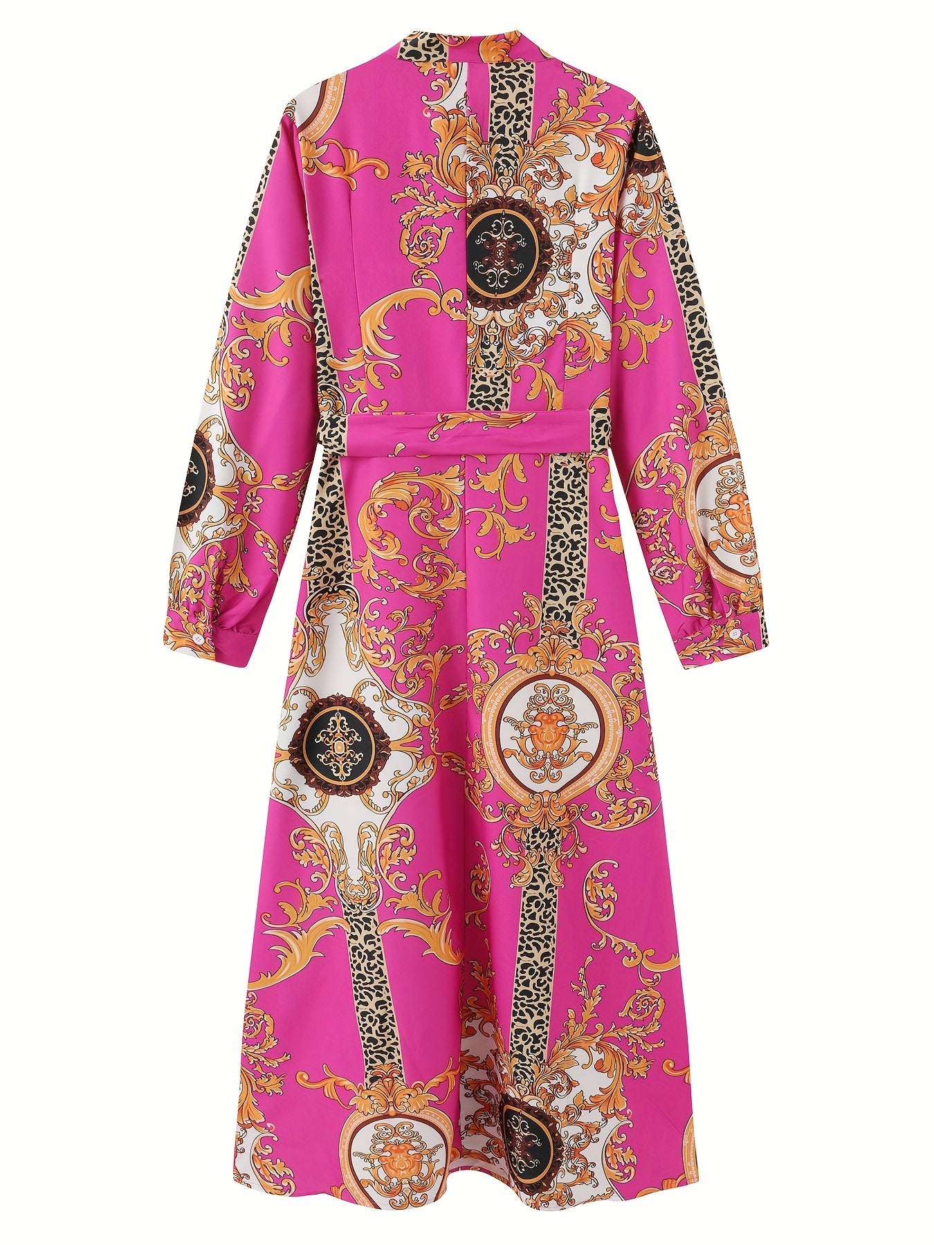 Tribal Print Tie Neck Dress, Elegant Long Sleeve Maxi Dress For Spring & Fall, Women's Clothing