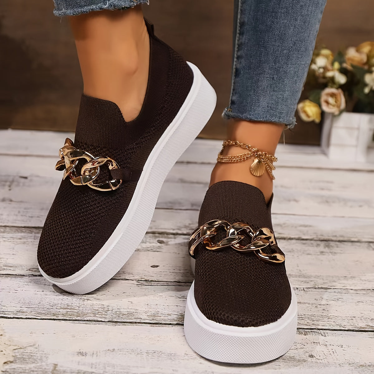 Women's Metallic Chain Sneakers, Slip On Platform Leopard Soft Sole Shoes, Breathable Daily & Sporty Wear