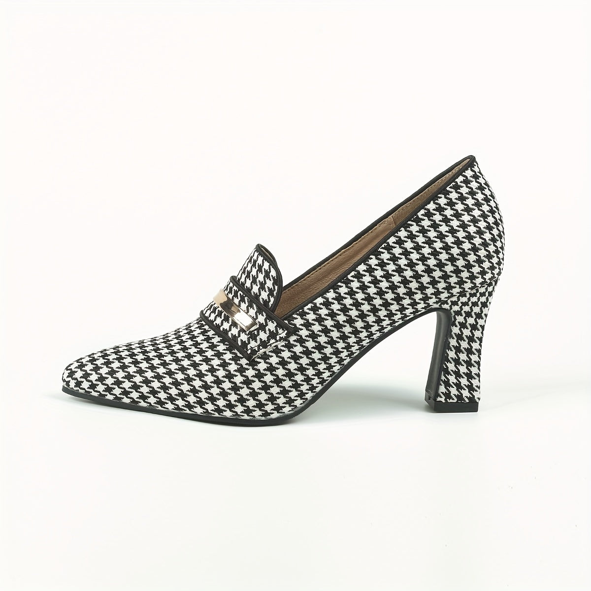 Women's Houndstooth Chunky Heels, Trendy Pointed Toe Slip On High Heels, Versatile Dressy Pumps