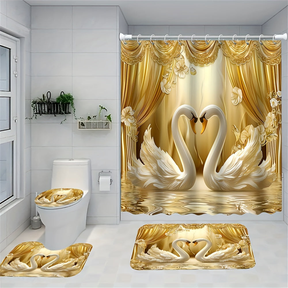 Luxurious Golden 3D Swans Print Bathroom Set: Includes 12 Free Hooks, Waterproof Curtain, Non-Slip Mat, Toilet Seat Cover, And Bath Rug - Perfect for Valentine'S Day Or Year-Round Romance