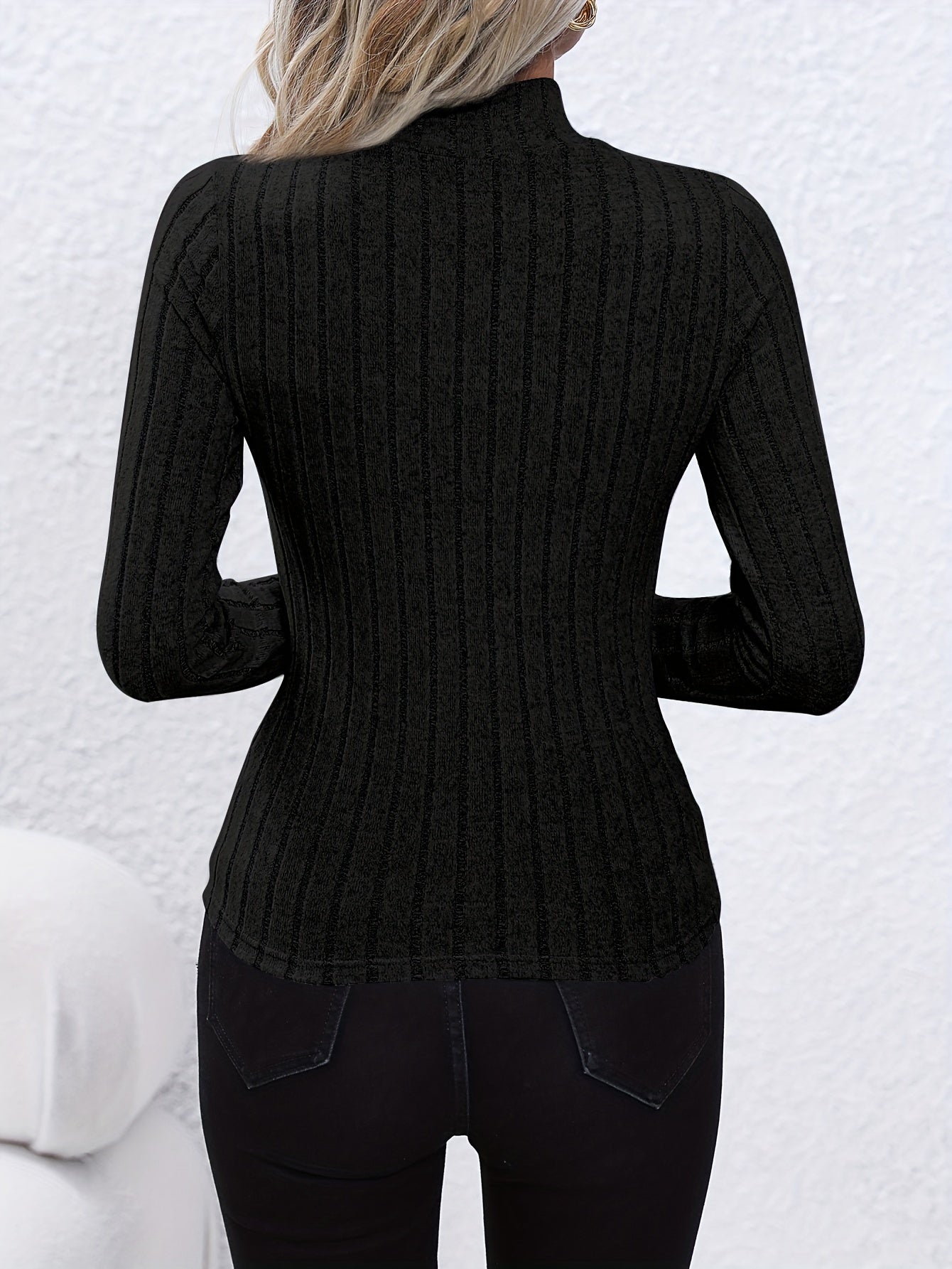 Solid Ribbed Mock Neck Pullover Sweater, Elegant Long Sleeve Sweater For Fall & Winter, Women's Clothing