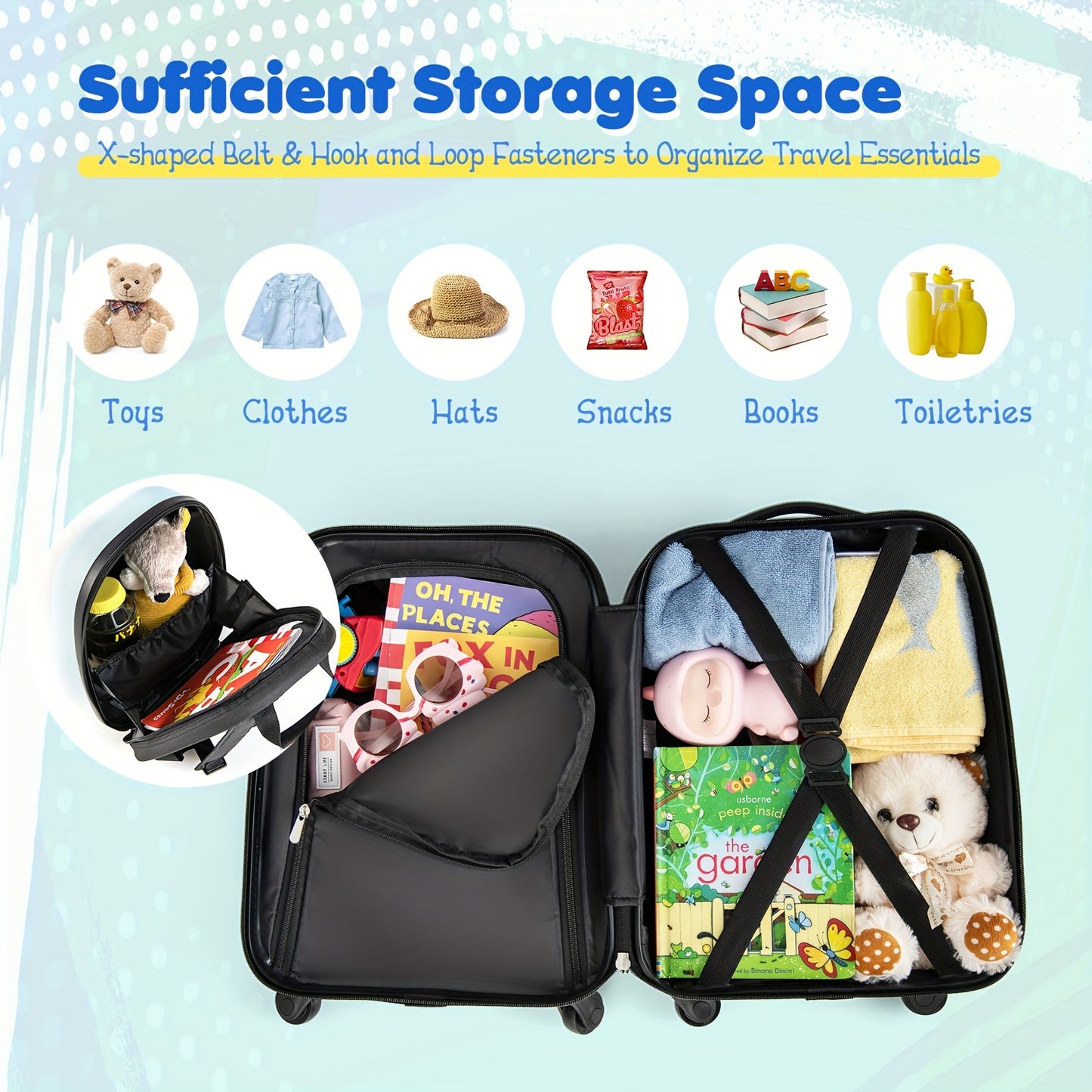 2pcs Kids Carry-On Luggage Set: 12" Backpack And 16" Rolling Suitcase For Travel