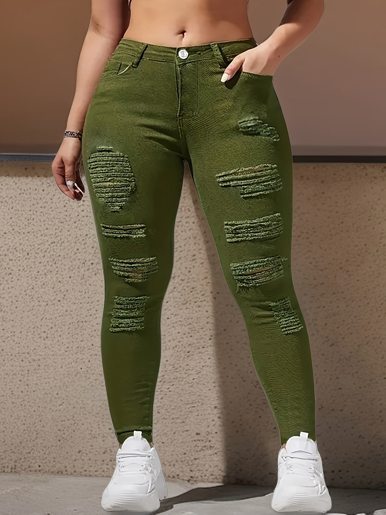 Ripped Distressed Plain Green Skinny Fit Stretchy Denim Pants, Women's Denim Jeans & Clothing