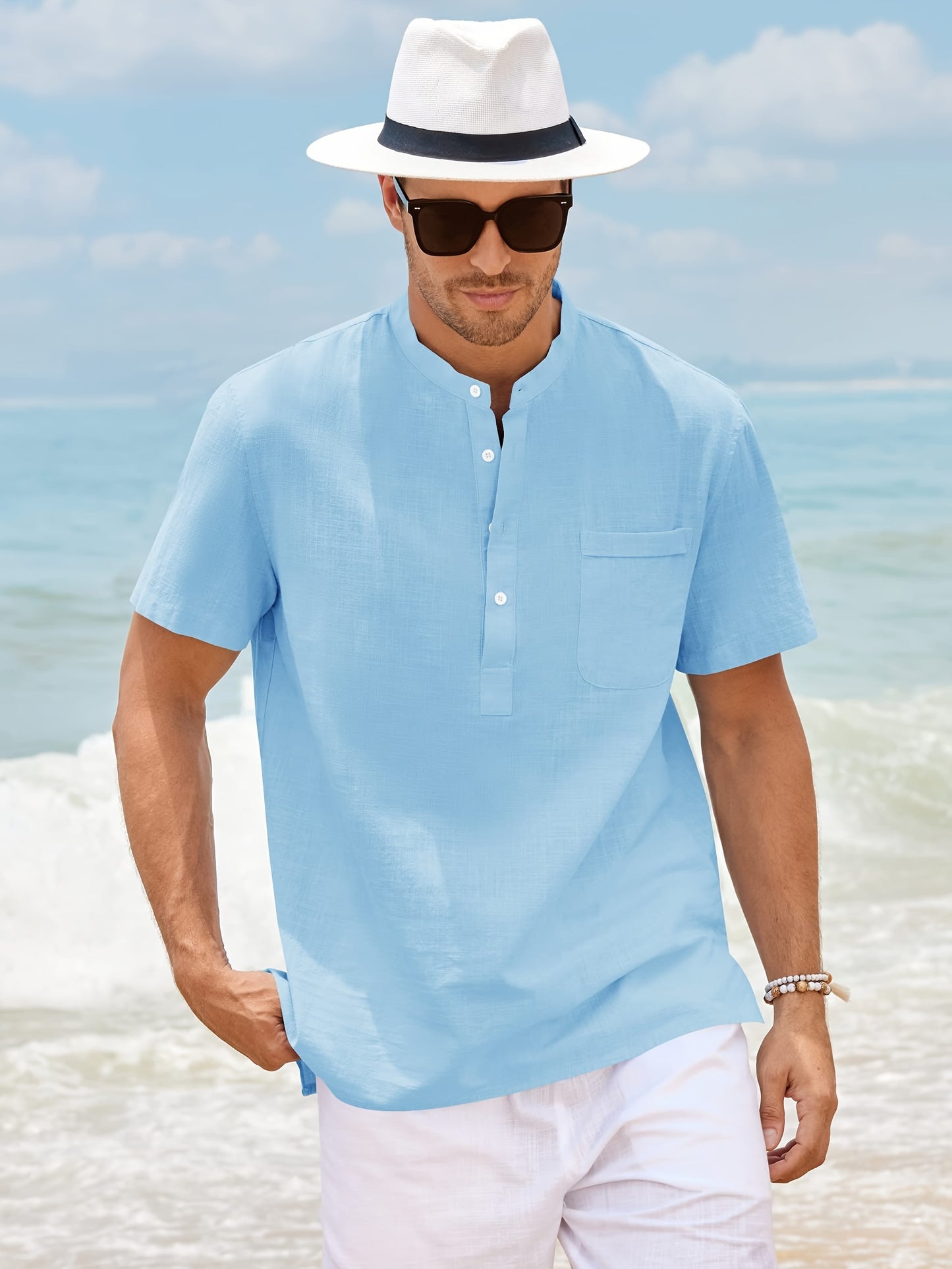 Men's Linen Henry Shirt, Loose Short-sleeve T-shirt For Summer Beach, Buttoned Lightweight Casual Top