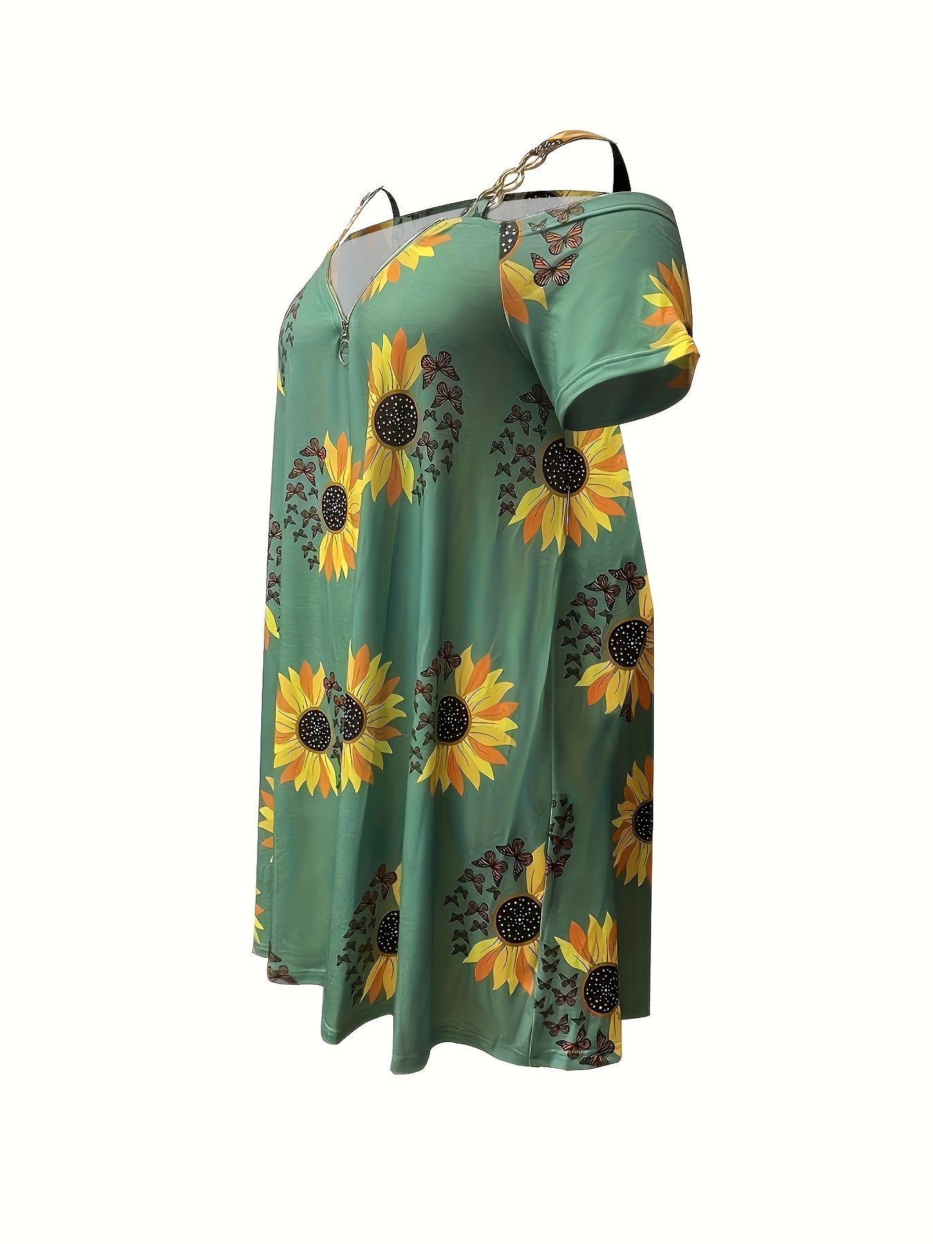 Plus Size Sunflower Print Cold Shoulder Dress, Casual Chain Detail Short Sleeve Dress For Spring & Summer, Women's Plus Size Clothing