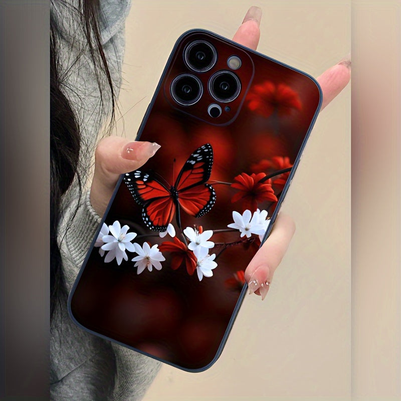 Red Butterfly Black Frosted TPU Protective Lens Protection Full-coverage Protective Phone Case Suitable For Apple 15/14/13/14/11/7/8