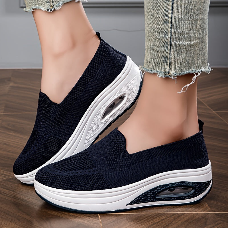 Women's Solid Color Casual Sneakers, Soft Sole Platform Air Cushion Walking Shoes, Low-top Breathable Shoes