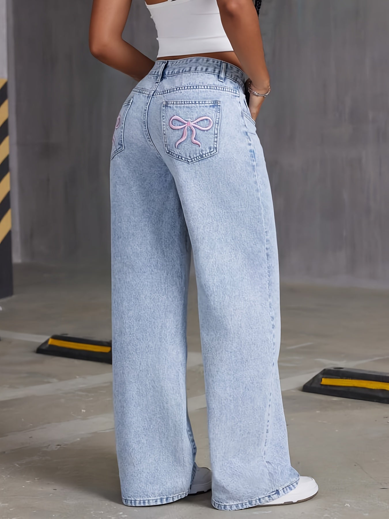 Stylish Embroidered Wide Leg Jeans - Unique Bow Accent, Comfortable High-Waisted Design, Soft Stretchy Fabric, Flattering Fit, Perfect For Casual Occasions - Women's Fashionable Denim Pants