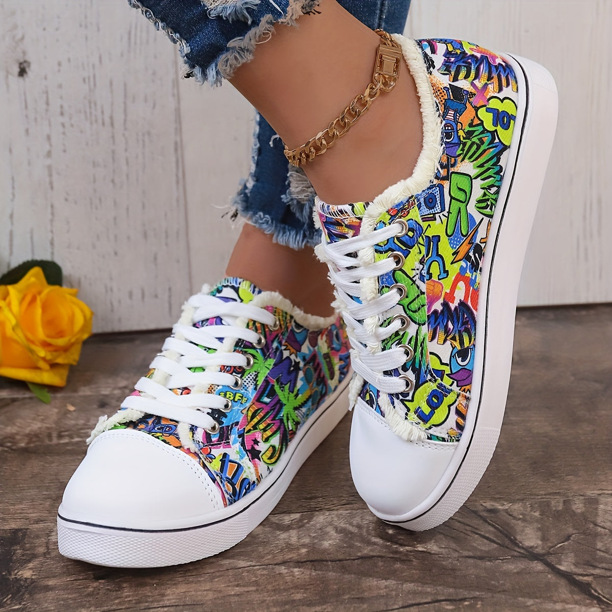 Women's Graffiti Printed Canvas Sneakers, Trendy Low Top Lace Up Flat Shoes, Casual Walking Shoes