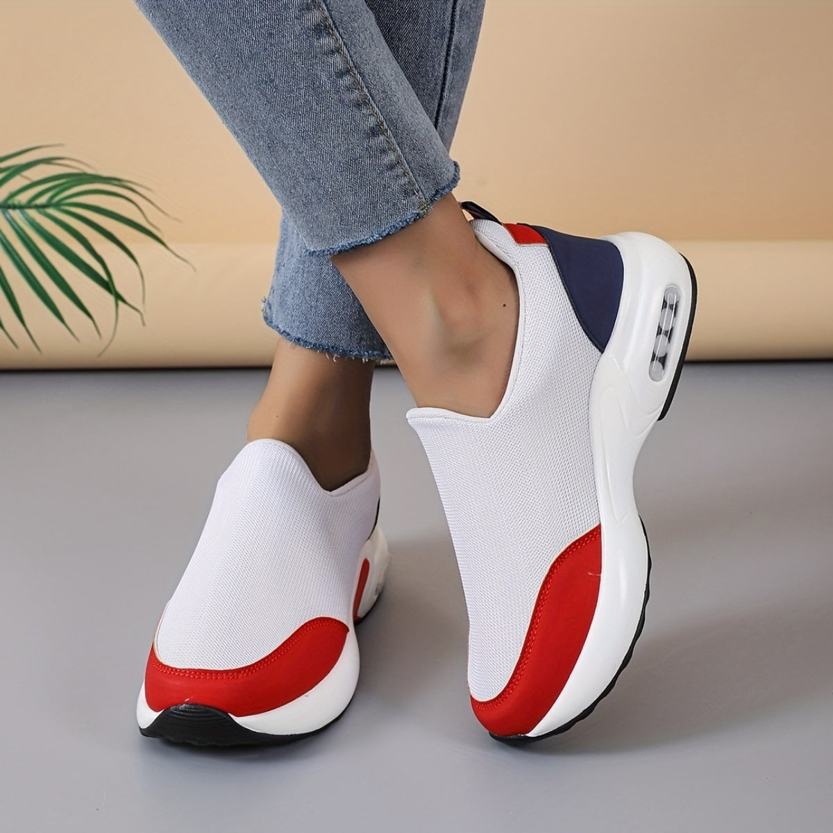 Women's Trendy Colorblock Chunky Sneakers, Stylish Slip On Air Cushion Shoes, Lightweight Low Top Shoes