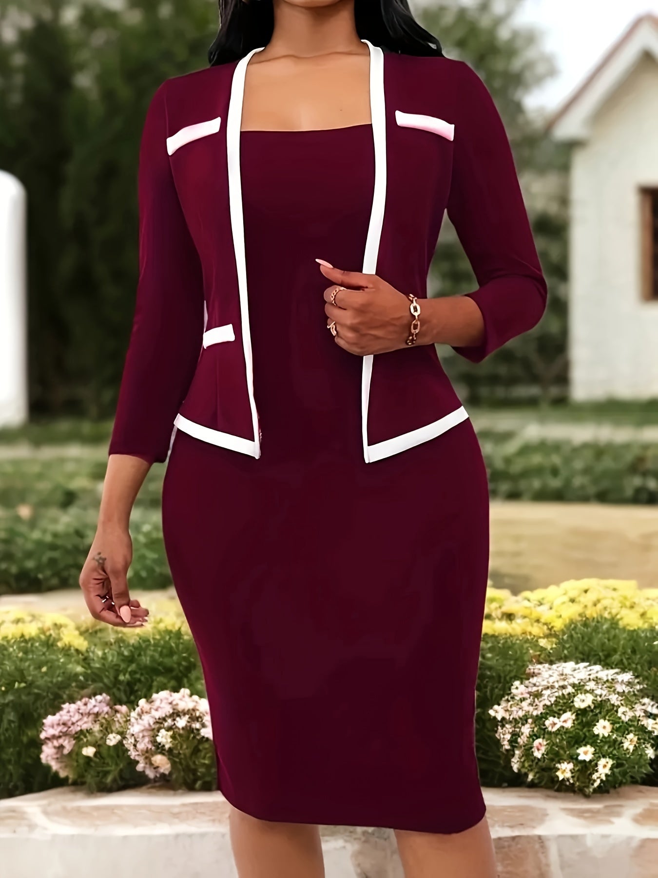 Chic 2-in-1 Contrast Trim Bodycon Dress - Long Sleeve, Figure-Hugging, Versatile For Office & Beyond - Womens Work Wear