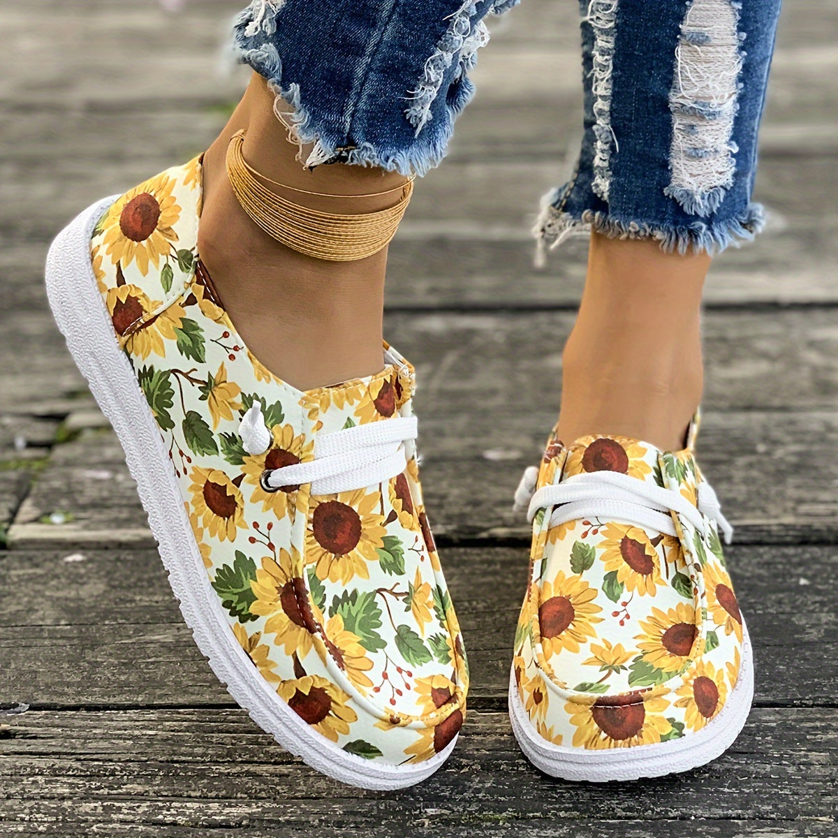 Women's Sunflowers Print Sneakers, Casual Round Toe Low Top Flat Loafers, Lightweight Walking Shoes