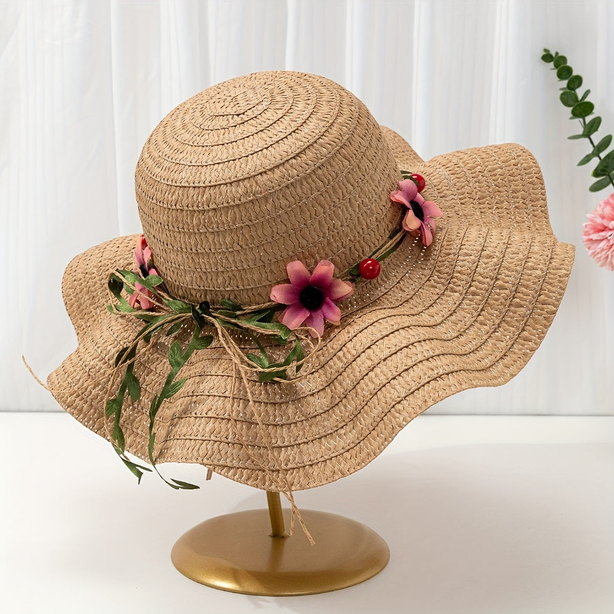 Summer Sun Protection Straw Hat for Women with Floral & Fruit Accents - Paper Wide-Brim Bohemian Garden Style Hat, Inelastic, Non-Washable, Seasonal Occasion Theme With Sun Shield - Pack of 1