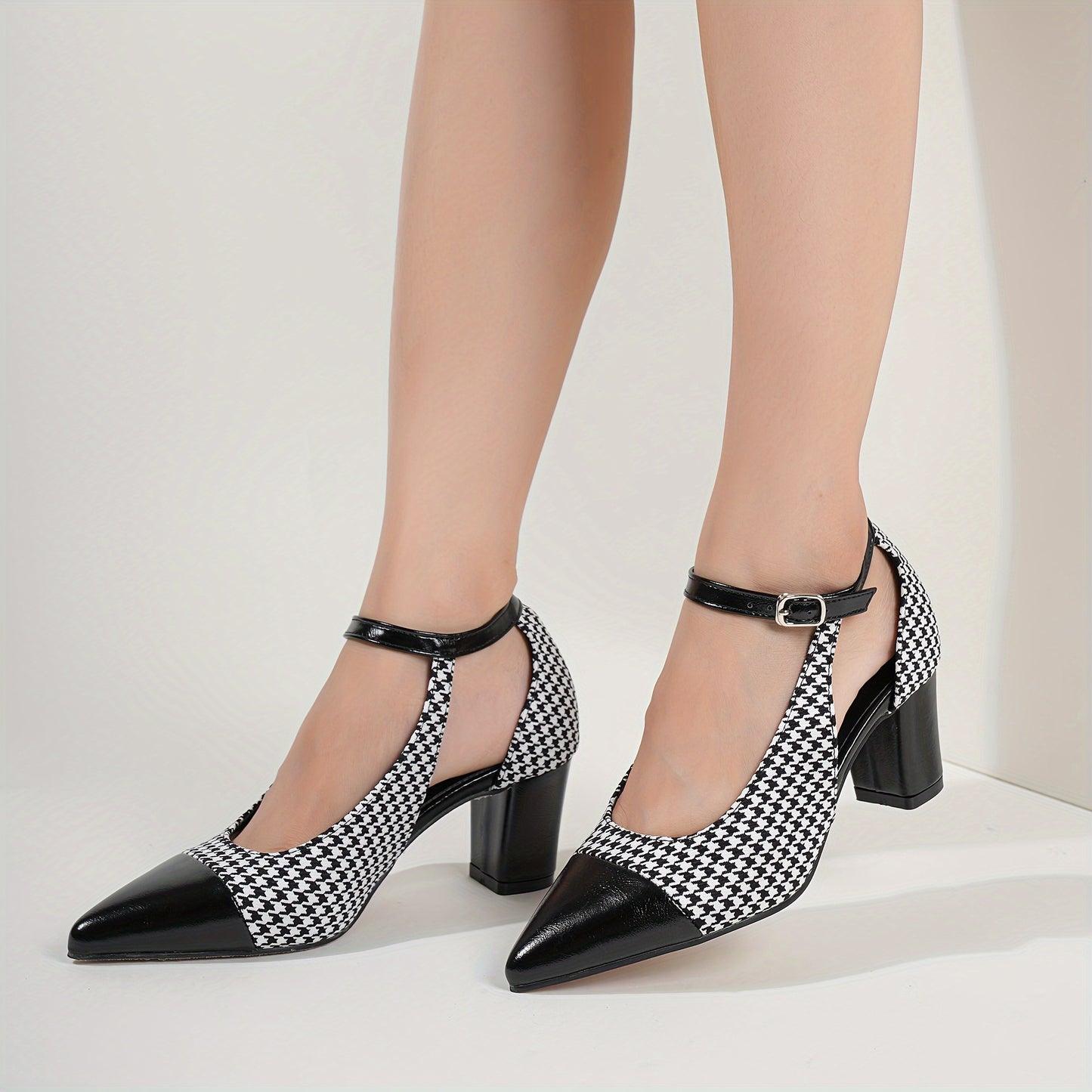 Women's Houndstooth Pattern Shoes, Ankle Buckle Strap Chunky Heel Soft Sole Shoes, Elegant Point Toe Dress Shoes