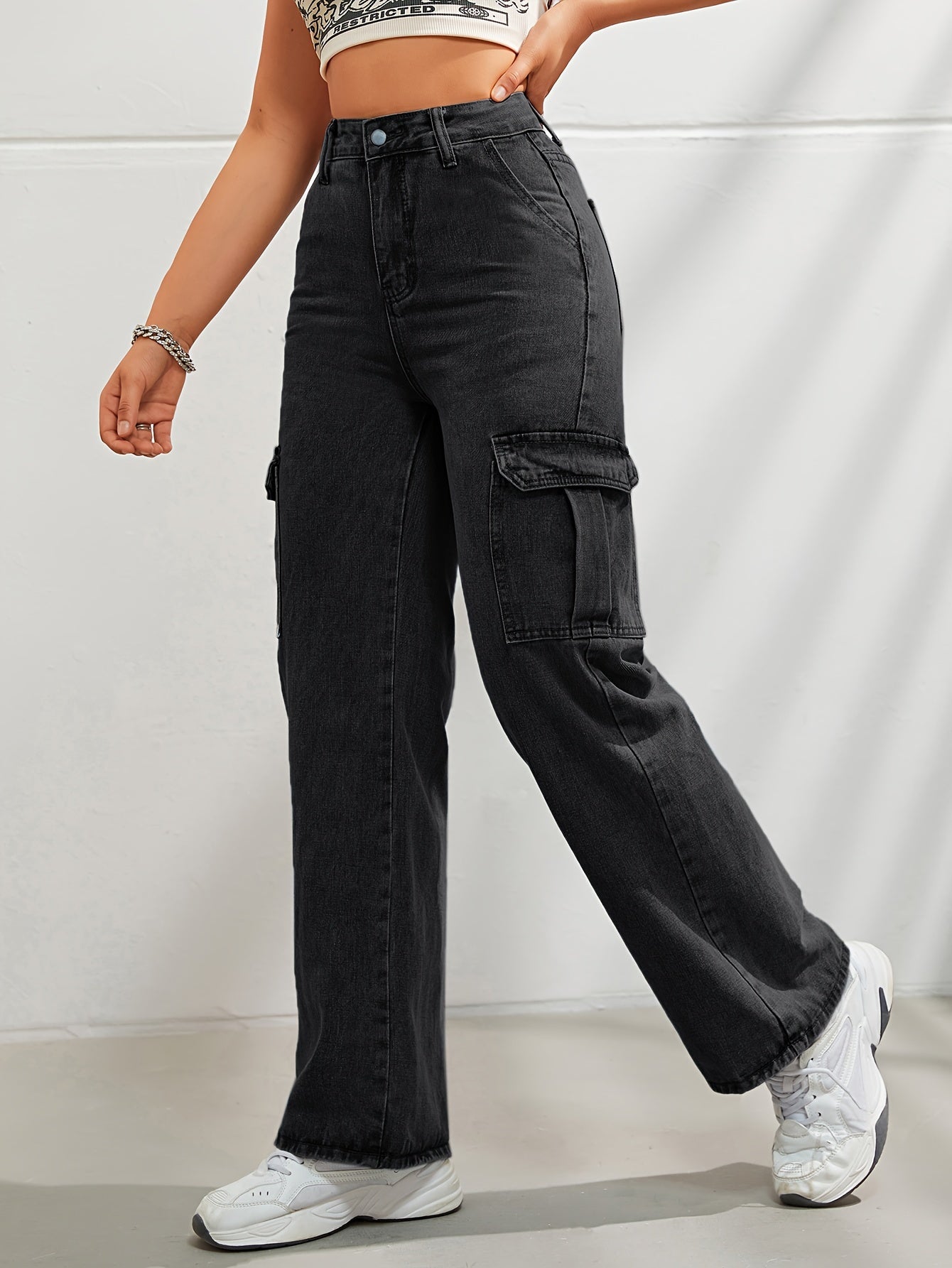 Women's Casual Wide Leg Denim Cargo Pants, Fashion Plain Jeans With Side Pockets, High Waist And Relaxed Fit For Fall