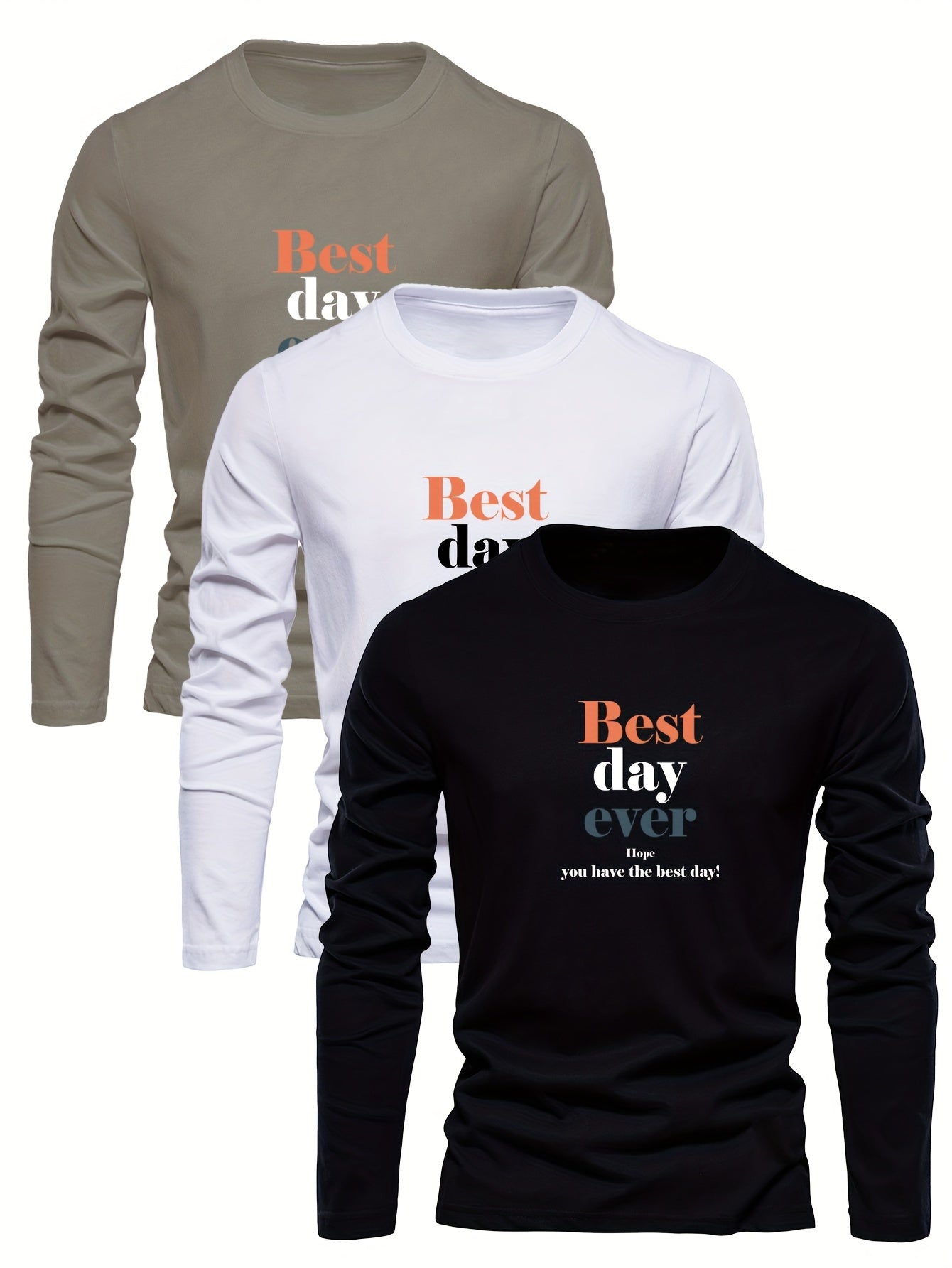 3-Pack Men's Long Sleeve T-Shirts 100% Cotton, Casual Round Neck, Alphabet Print, Knit Fabric, Best Day Ever Design, Spring/Fall Collection