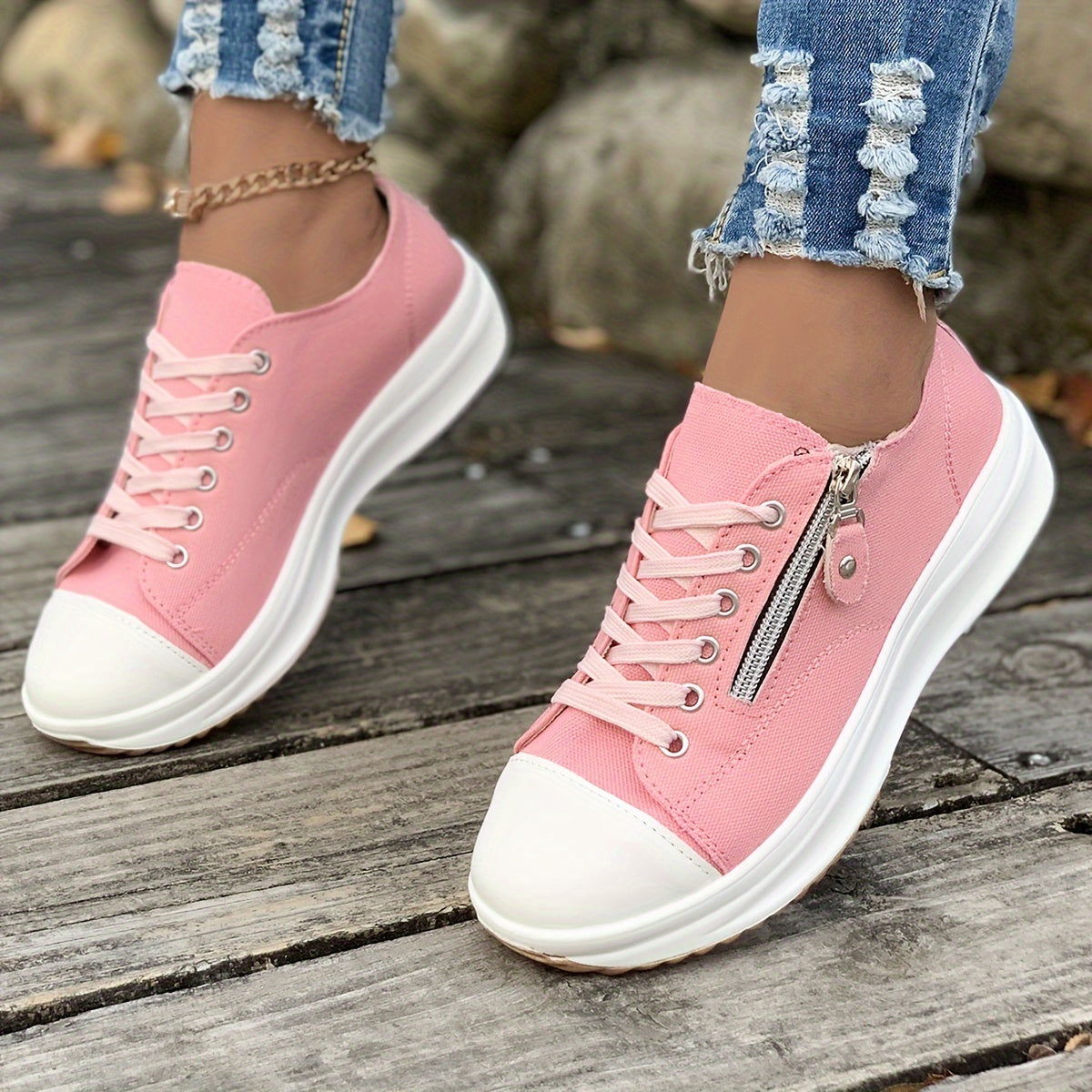 Women's Summer Canvas Sneakers - Chunky Sole, Casual Skate Shoes, Lace-Up, Versatile Sports Footwear