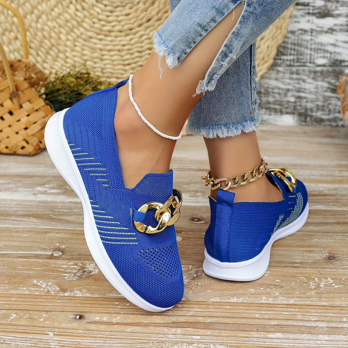 Women's Buckle Decor Sock Sneakers, Stylish Breathable Knitted Slip On Trainers, Comfy Outdoor Walking Shoes