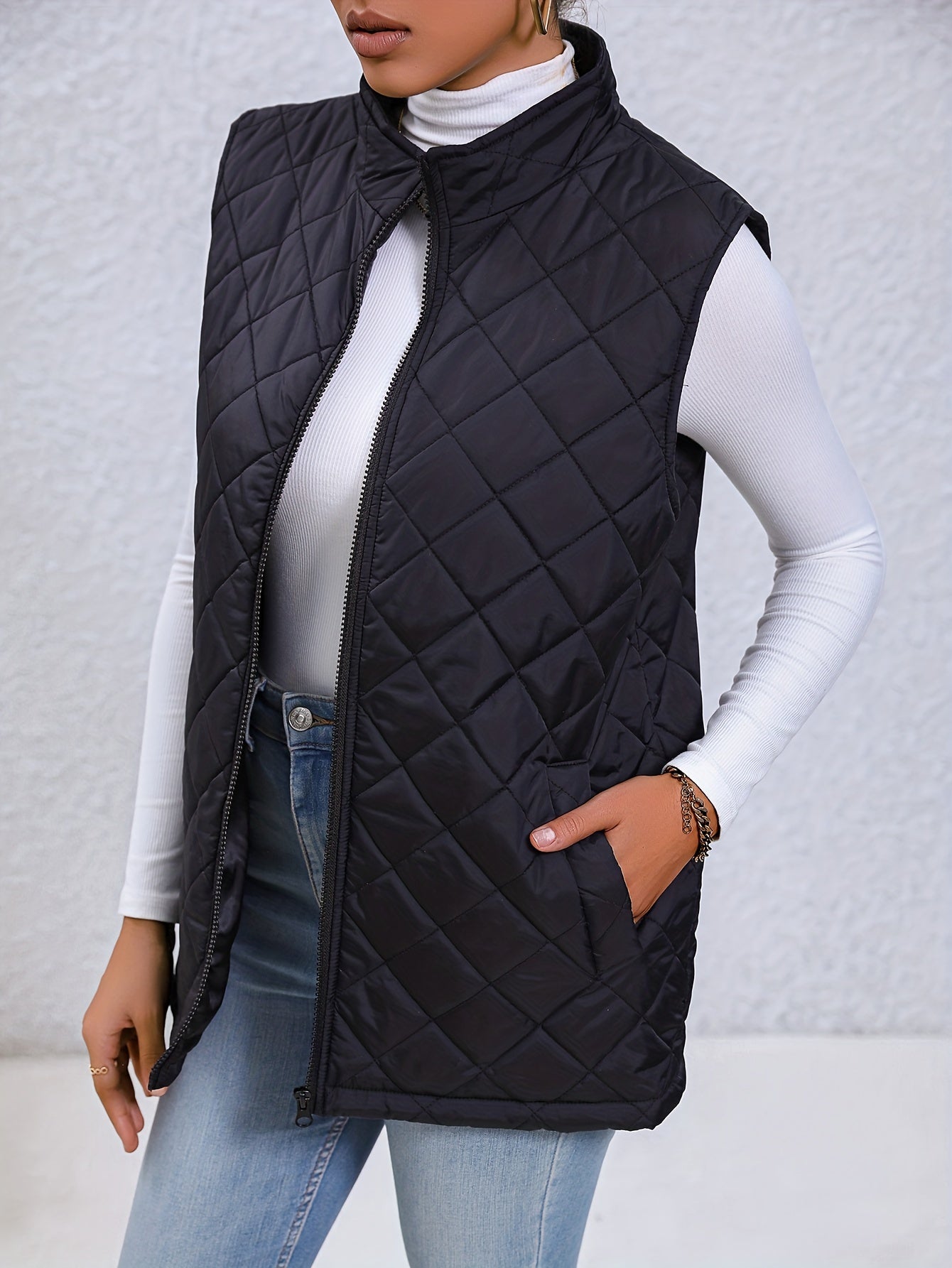 Argyle High Neck Sleeveless Vest, Casual Zip Up Versatile Outerwear, Women's Clothing