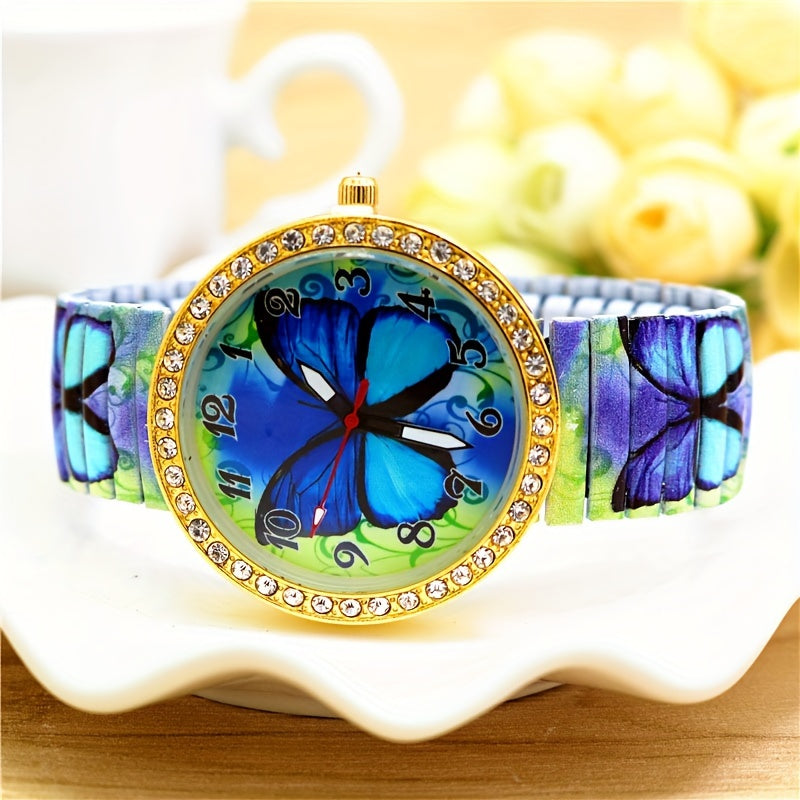 Stretch Strap Butterfly Watch Women's With Rhinestone Rubber Wrist Watch Quartz Watch