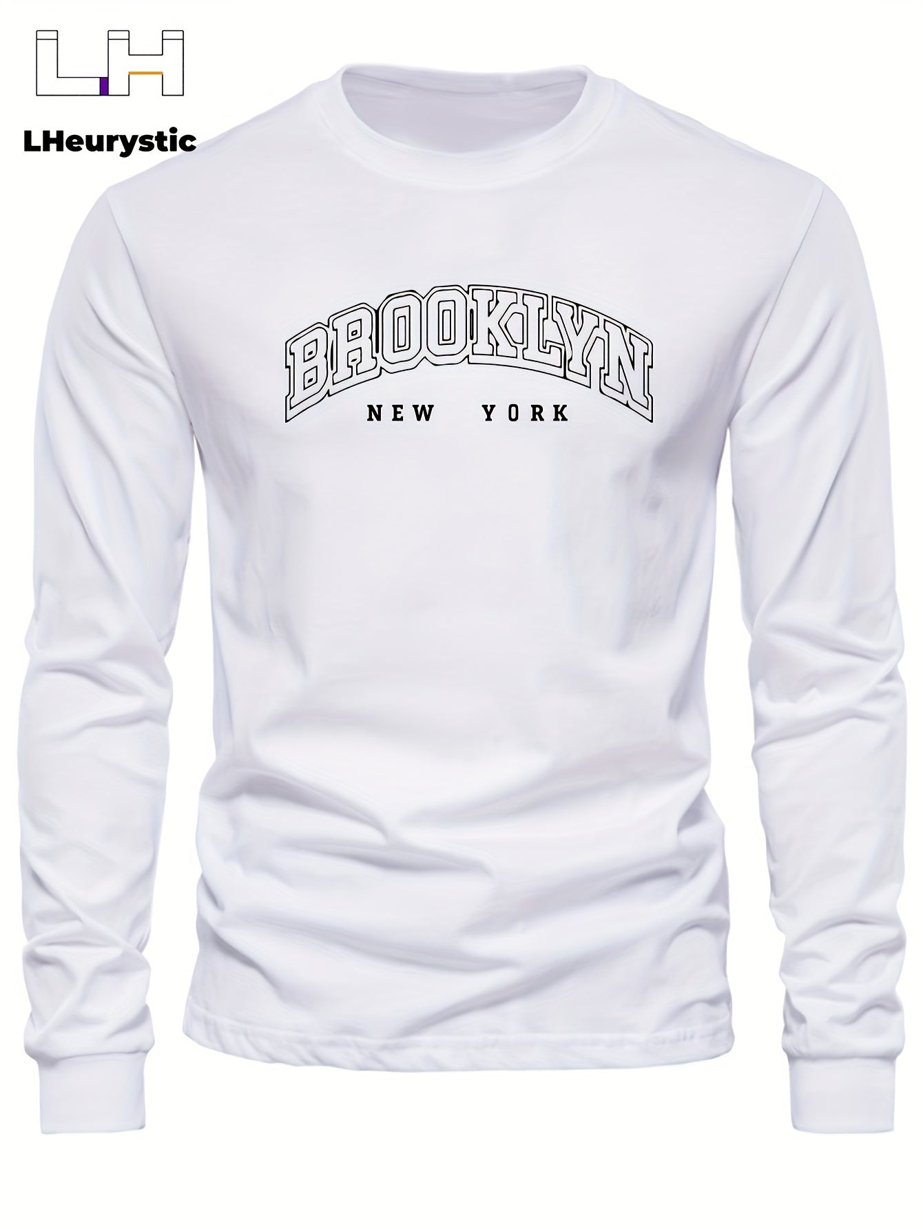 BROOKLYN NEW YORK Print, Men's Graphic Design Crew Neck Long Sleeve T-shirt, Casual Comfy Shirts For All Seasons, Men's Flexible Clothing Tops