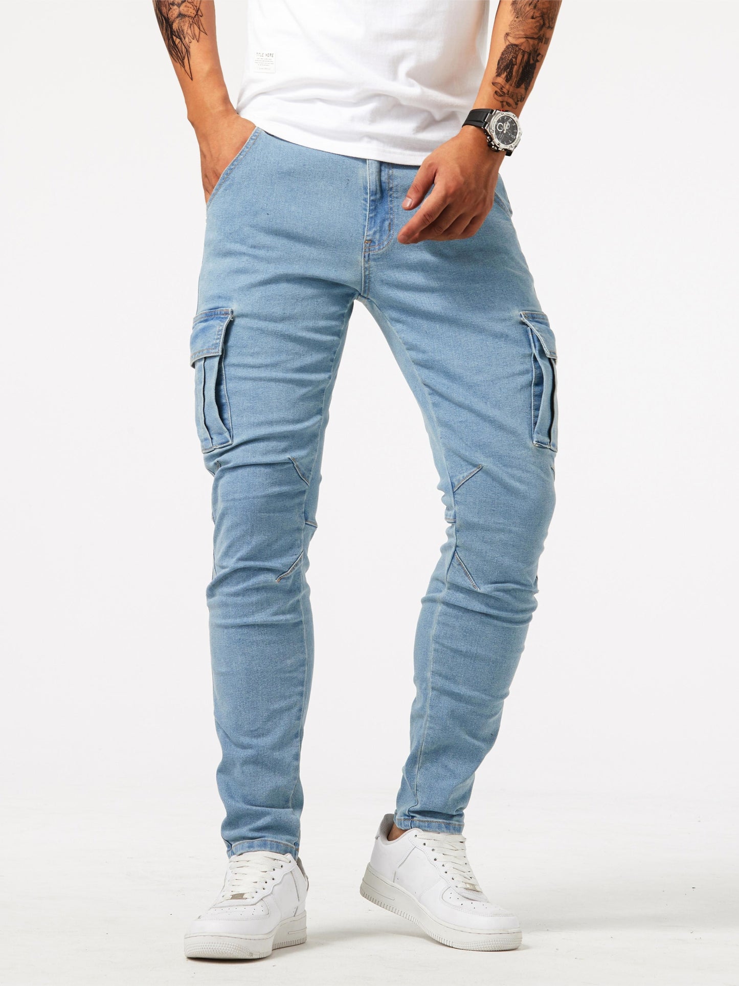 Slim Fit Multi Pocket Jeans, Men's Casual Street Style Medium Stretch Denim Cargo Pants