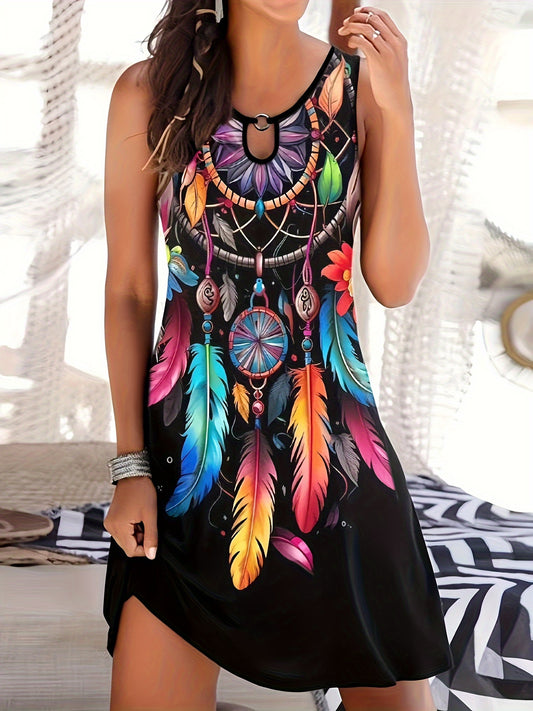 Colorful Feather Print Ring Decor Tank Dress, Vintage Sleeveless Crew Neck Dress For Spring & Summer, Women's Clothing