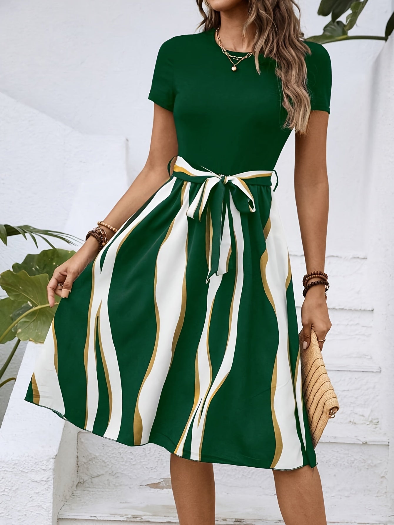 Women's Summer Dress Tie Waist Modest Midi Dress Short Sleeve A Line Belted Dress Daily Casual