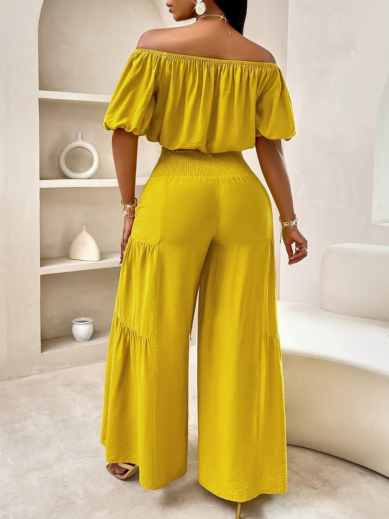 Solid Two-piece Pants Set, Vacation Style Off Shoulder Puff Sleeve Top & Loose Tie Shirred Waist Wide Leg Pants Outfits For Summer, Women's Clothing