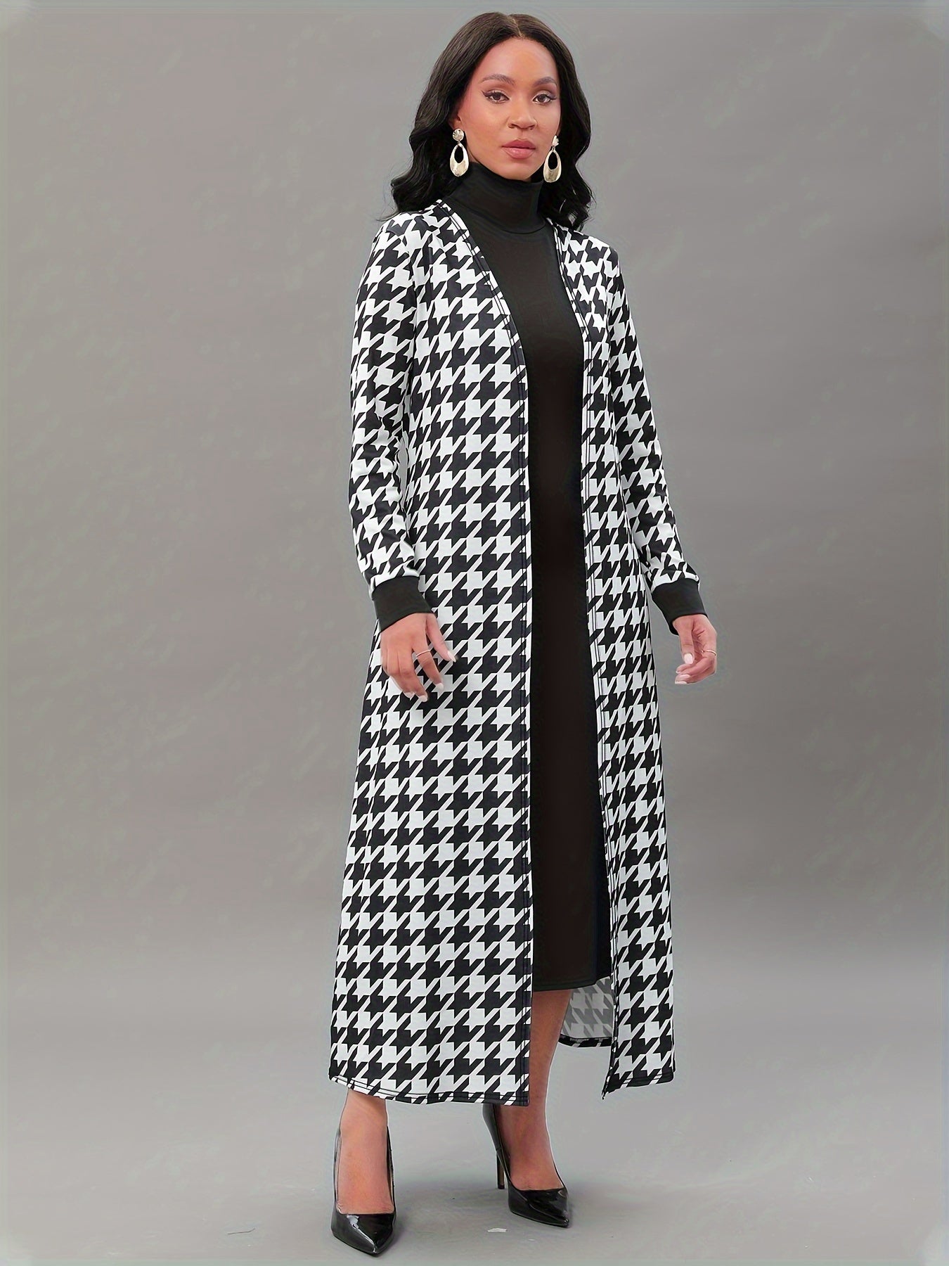 Elegant Two-piece Set, Solid Midi Dress & Houndstooth Print Open Front Cardigan Outfits, Women's Clothing