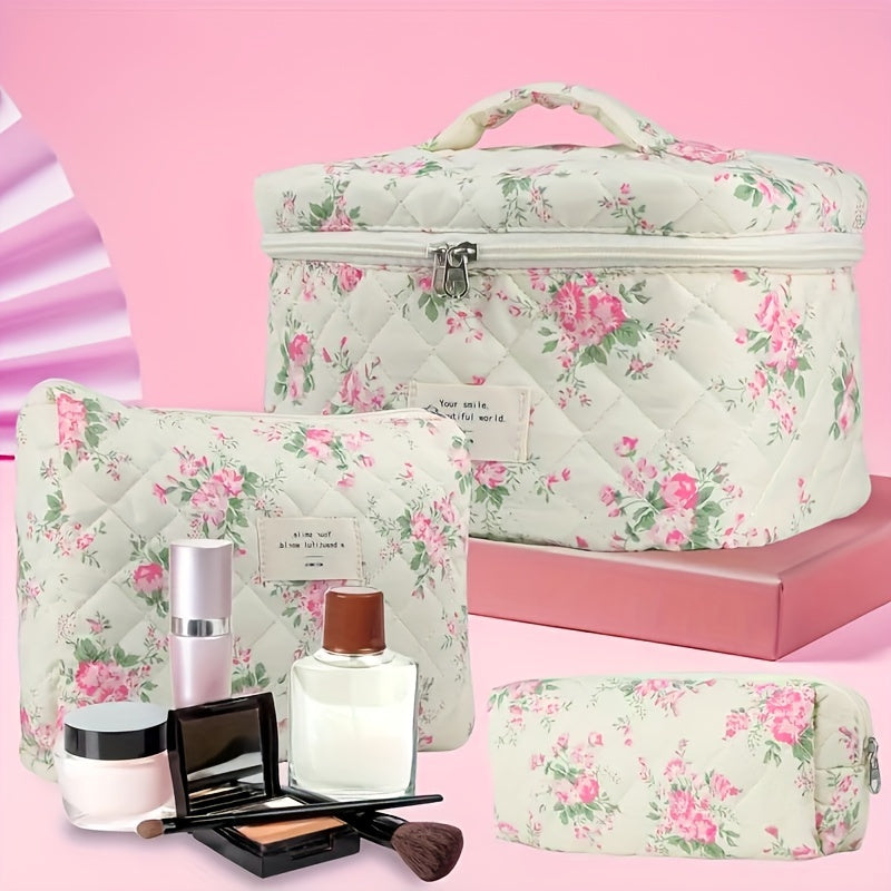 Elegant Floral Pattern 3-piece Cosmetic Bag, Suitable For Travel, Beautiful Design Cosmetic Bag