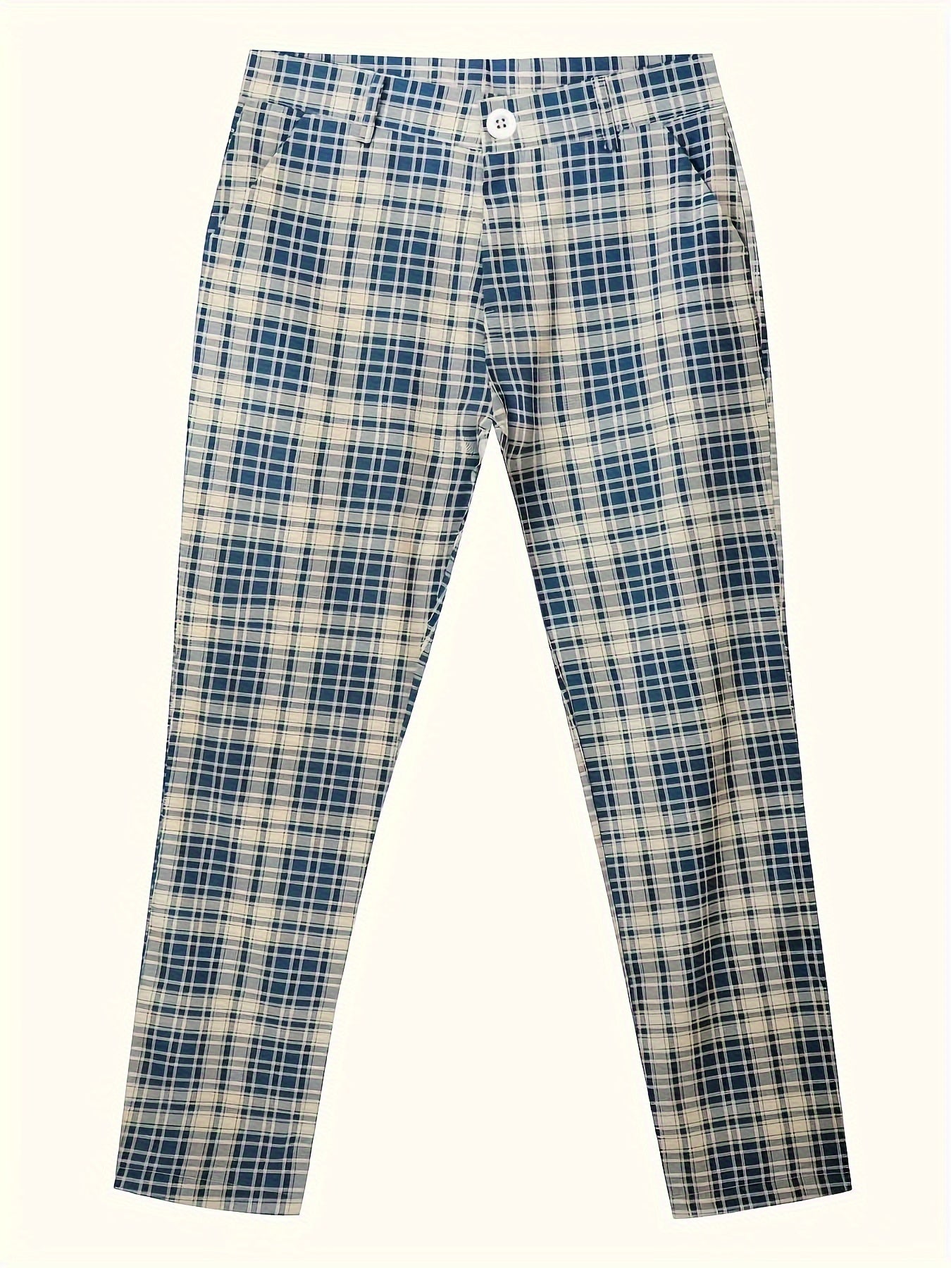 Men's Classic Fashion, Plaid Pattern Slim Fit & Cuffed Pants, Elegant Casual Trousers For Business, Formal Party & Daily Wear