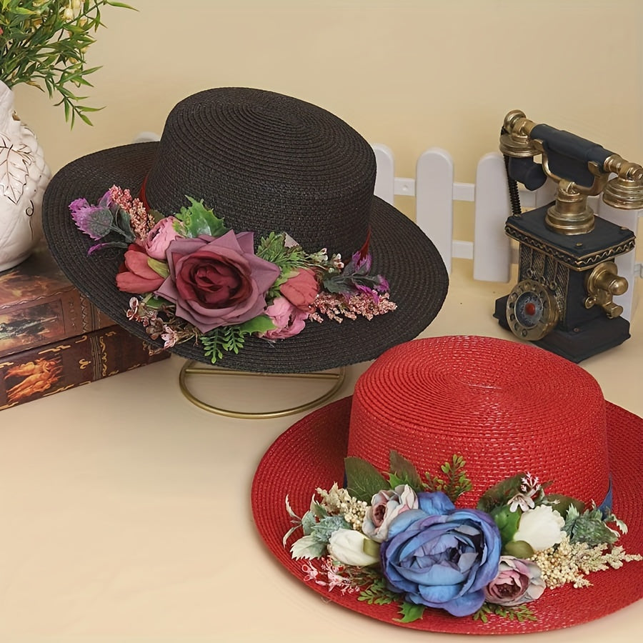 Handmade Flower Straw Hat Solid Color Elegant Beach Sunscreen Hat Small Top Hats Easter For Women