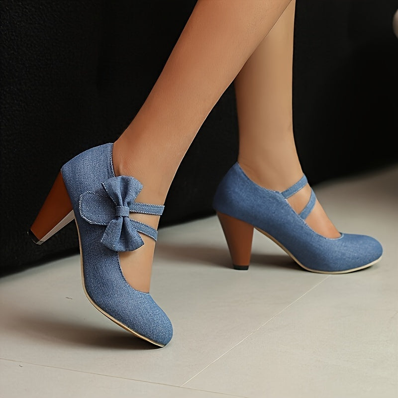 Women's Fashion Denim Mary Jane Kitten Heels with Bowknot, Round Toe High Heels for Dress, Party, Banquet, Festival