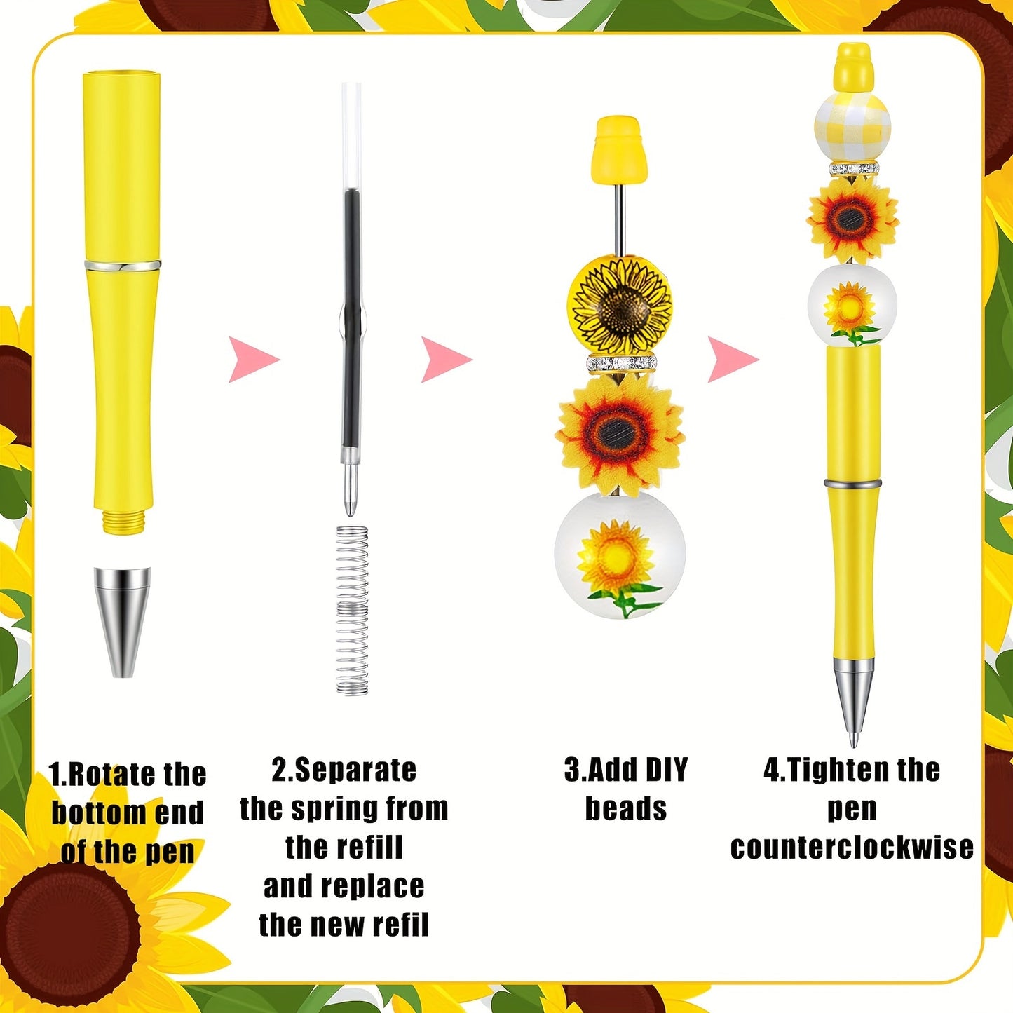 12 Set Sunflower DIY Beadable Pens Bulk, Assorted Bead Pens Wood Beads Crystal Beads Set With Plastic Black Ink Ballpoint Pen DIY Beaded Pen Set For Sunflower Party Supplies Halloween Christmas Gift