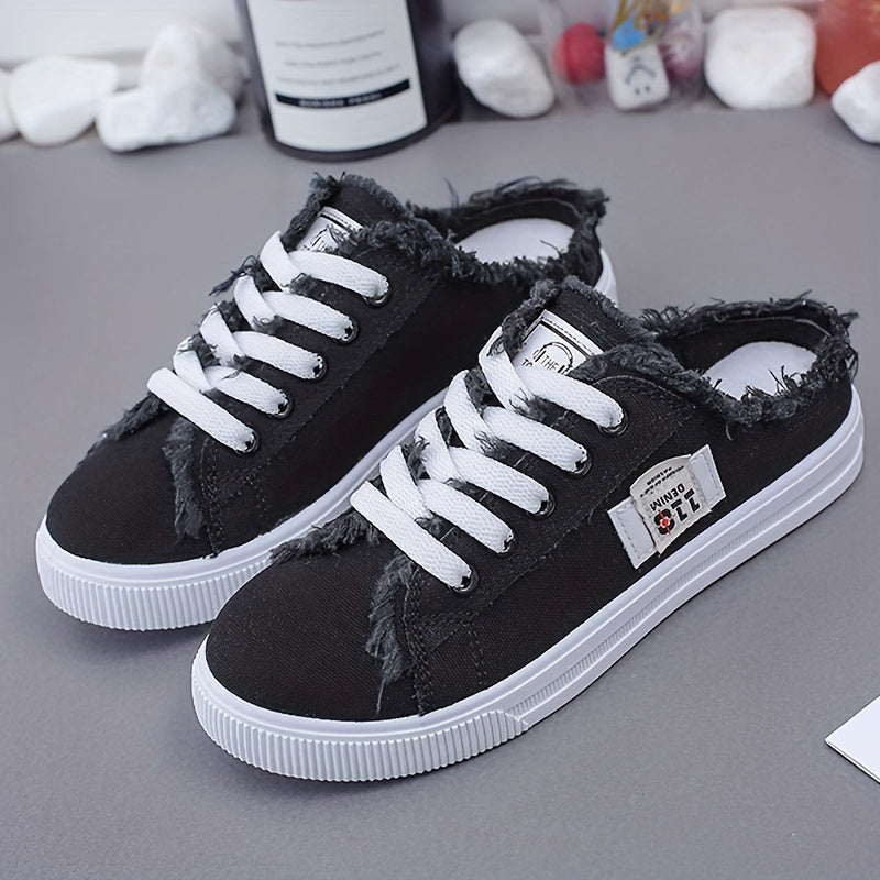 Women's Letter Patched Raw Trim Mules Sneakers, Lace Up Platform Canvas Shoes, Fashion Half Slippers