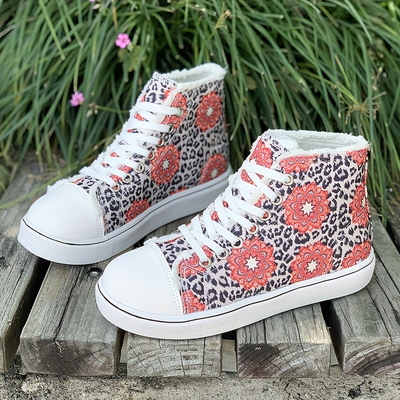 Women's High Top Canvas Sneakers, Floral & Leopard Print Lace Up Skate Shoes, Casual Flat Walking Shoes