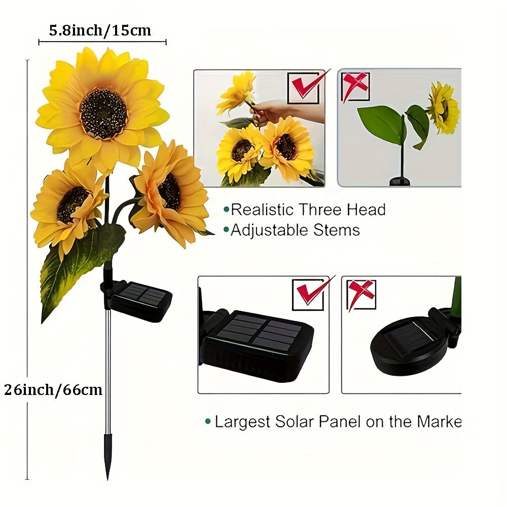 2 Packs Sunflower Solar Lights Outdoor Decor, With 3 LED Sunflower Yellow Flower Lights, Decorative For Patio Lawn Garden Yard Pathway Decoration